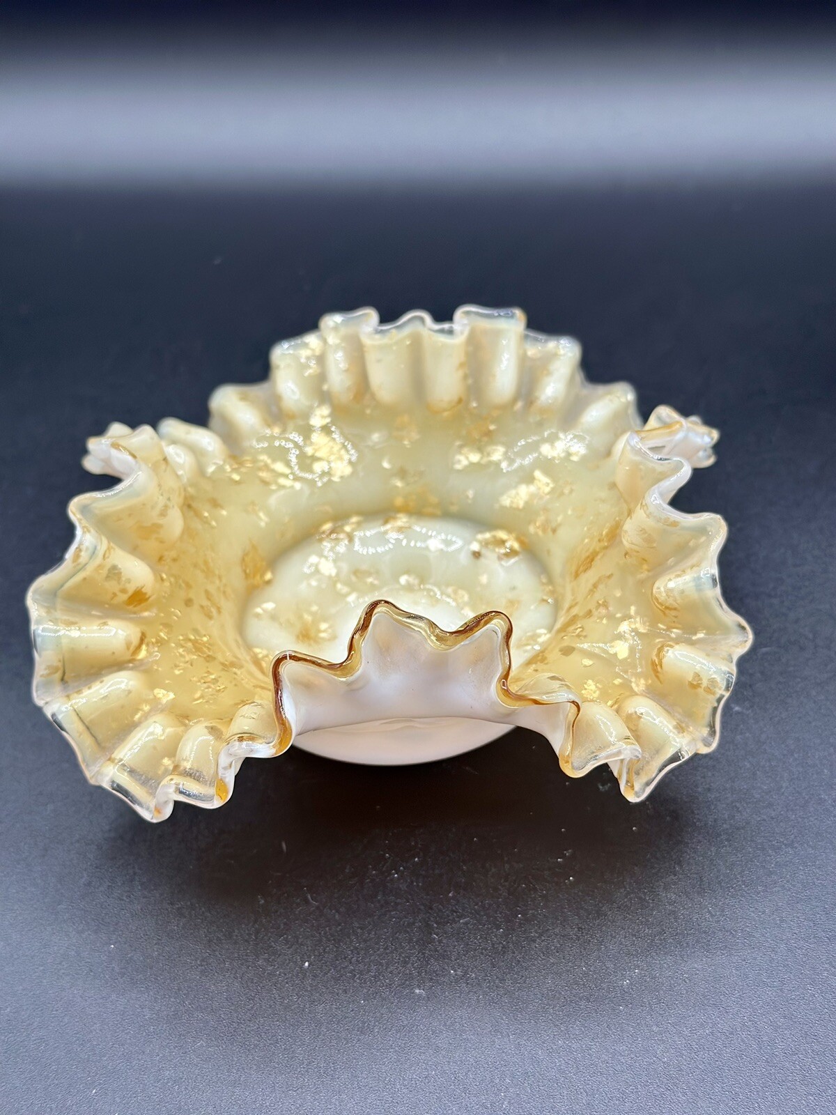 Vintage Ruffled Milk Glass Cased Dish Gold Fleck Opaline Mid Century Vanity Bowl