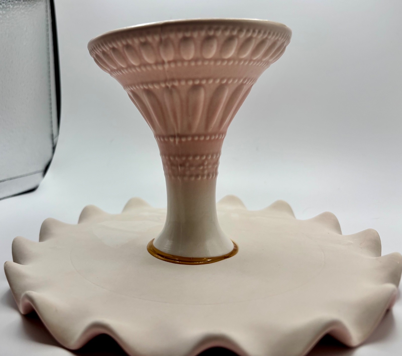 Glitterville Handmade Pink Ceramic Ruffled Pedestal Cake Stand 7.75″ x 5″