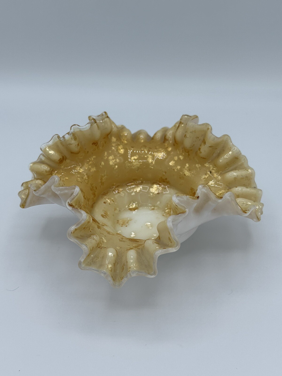Vintage Ruffled Milk Glass Cased Dish Gold Fleck Opaline Mid Century Vanity Bowl