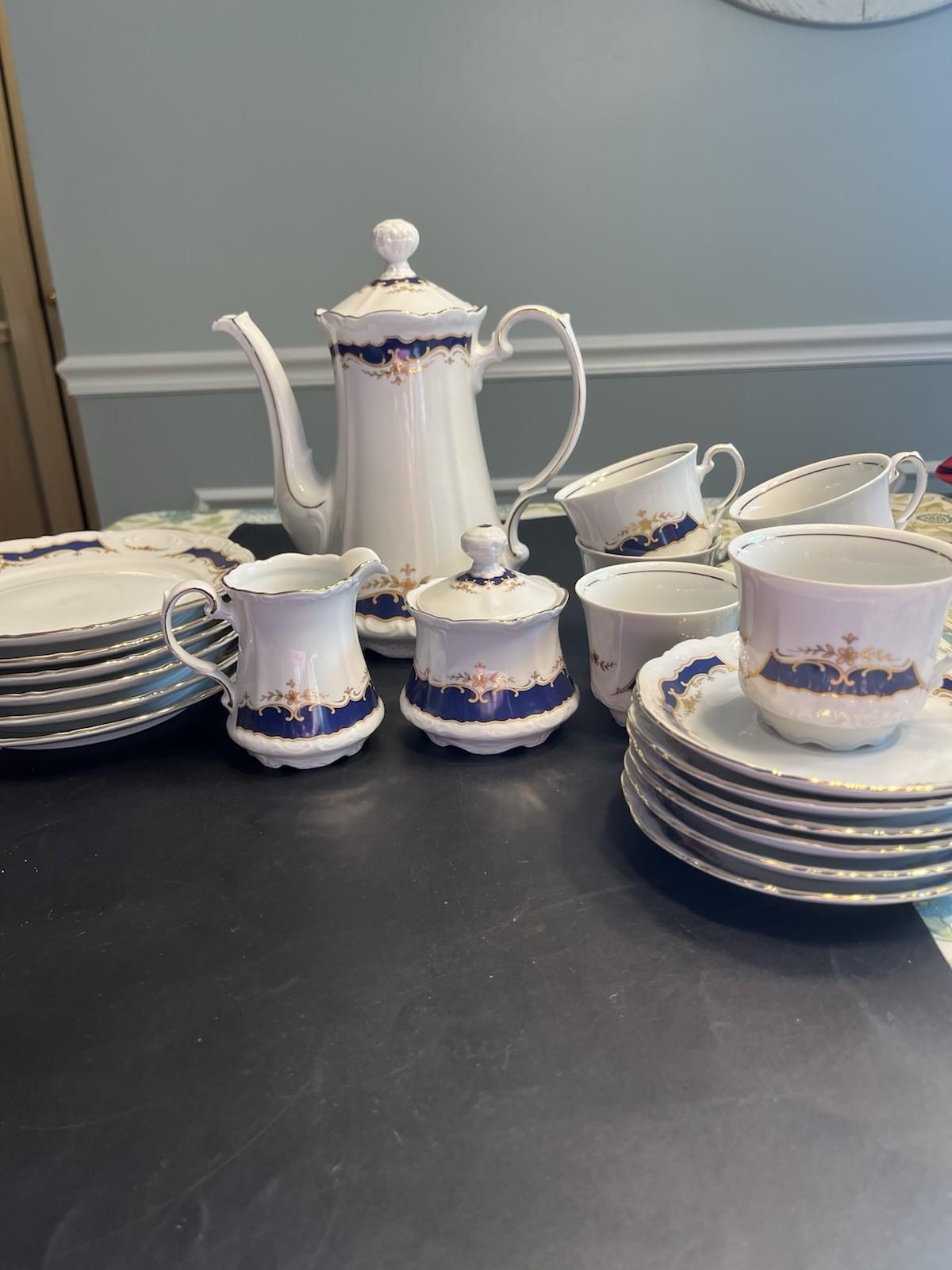 21pc Mitterteich Bavaria Cobalt Blue Gold Trim Coffee Tea Pot Desert Serving Set