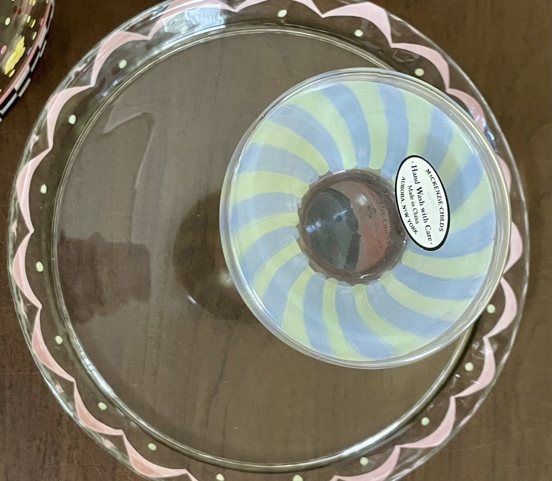 Mackenzie Childs Pansy Glass Pedestal Cake Stand and Dome HTF Excellent