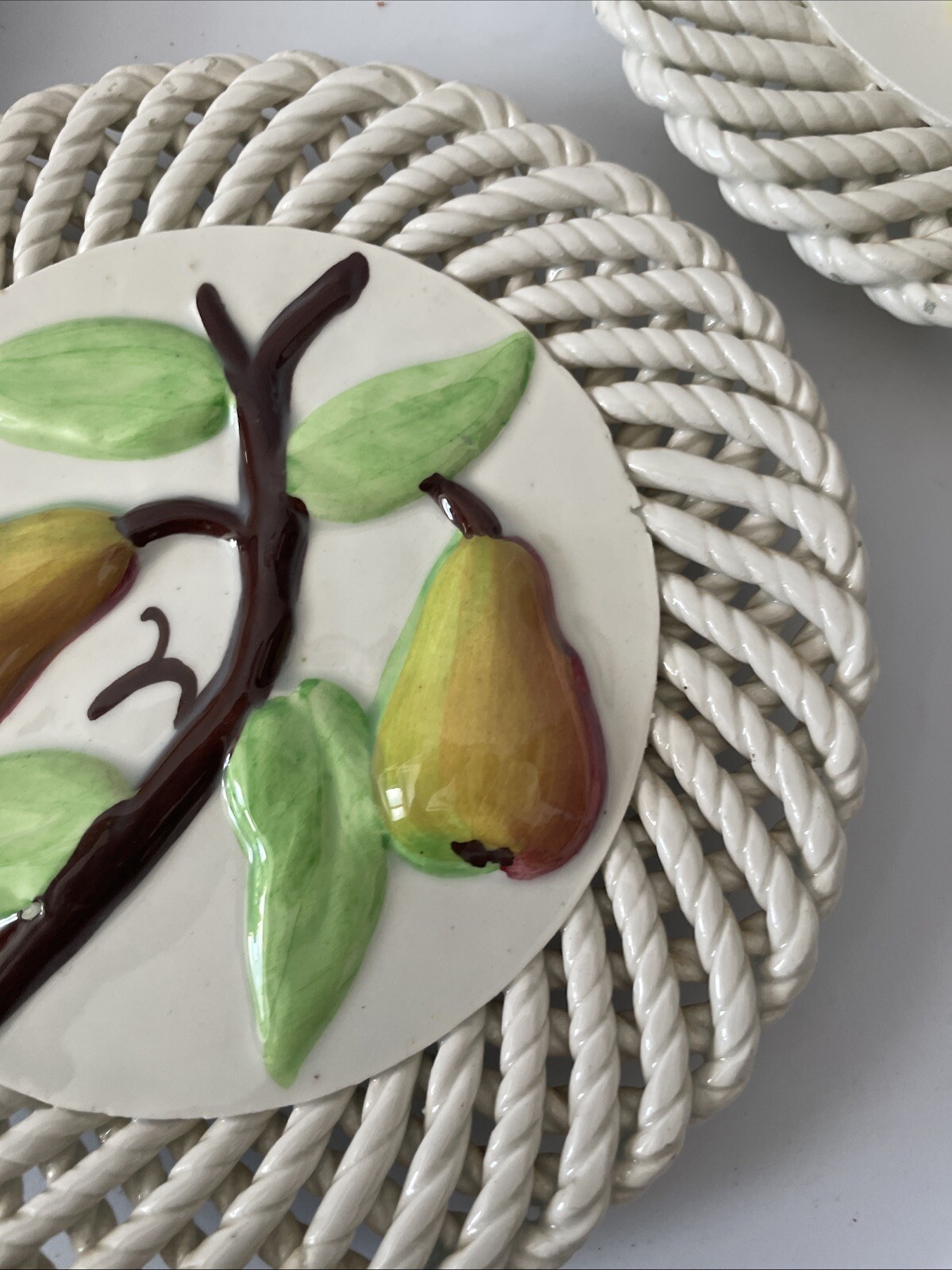 Ceramic Spain Wall Plates Spanish Art 3D Fruit Flowers Lattice Painted Set of 3