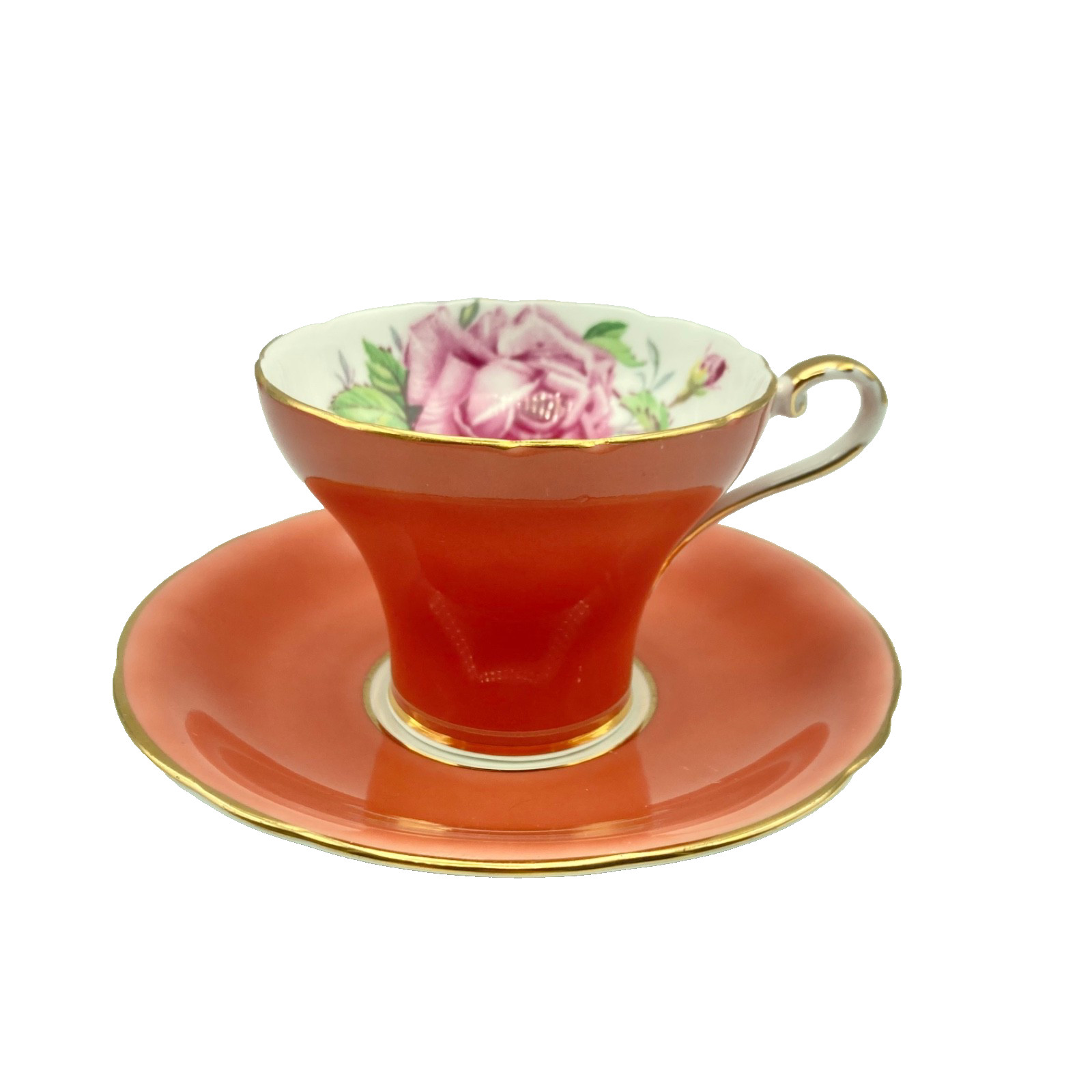 Cabbage Rose Tea Cup & Saucer Aynsley Coral Bone China England Gold Trim