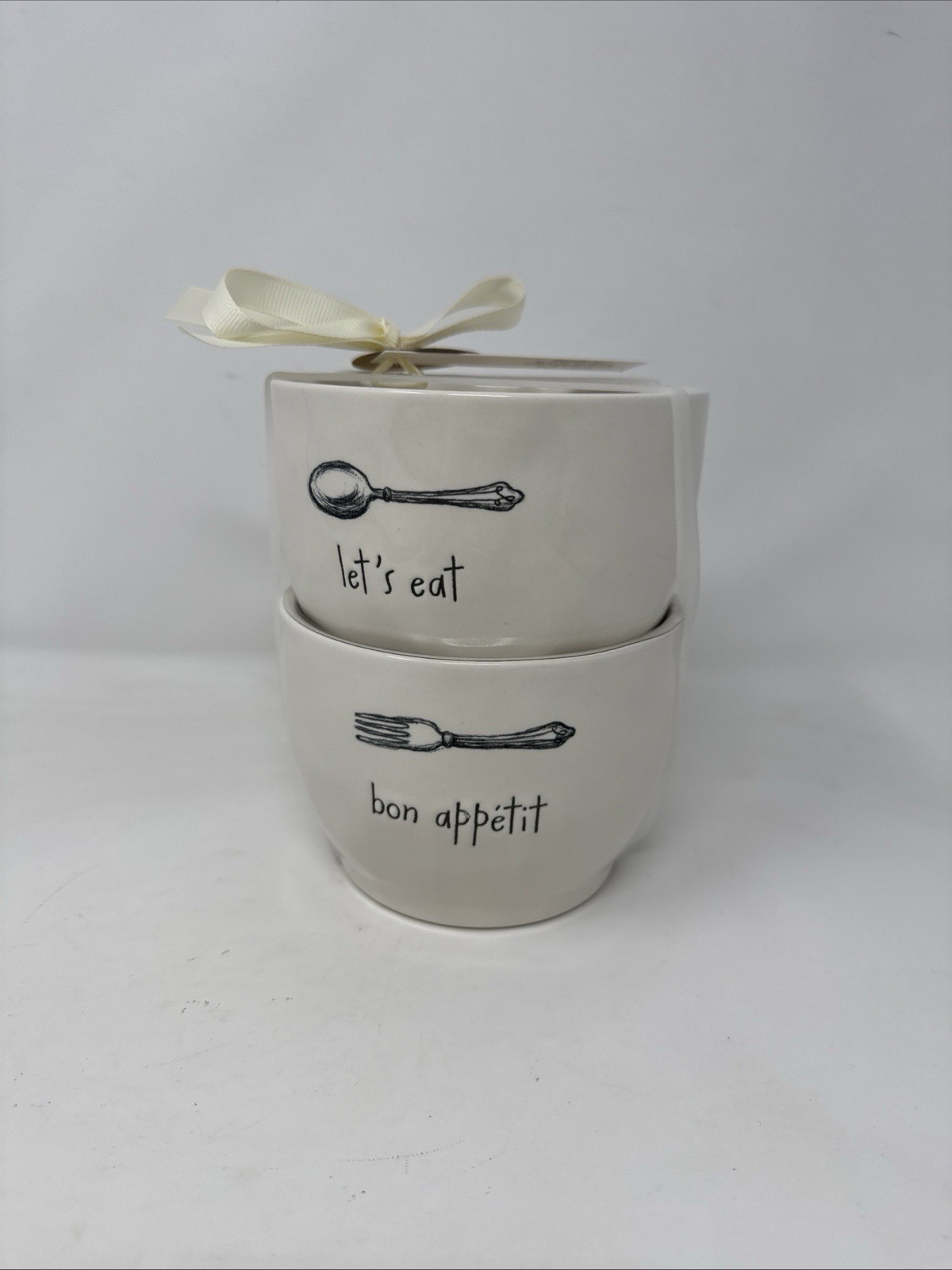 Rae Dunn “LET’S EAT” & ”Bon Appetit” Cereal / Soup Bowl 4.5” Ceramic – LOT of 2