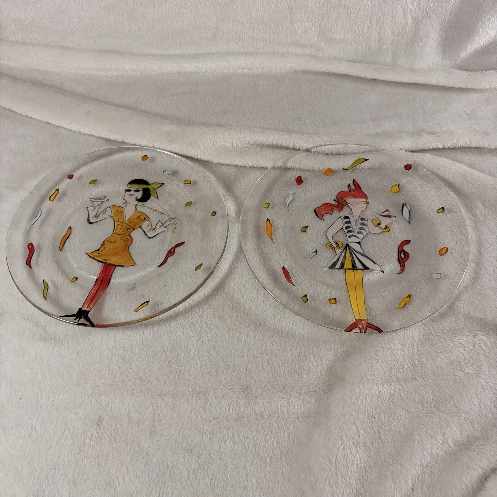 Vintage Judie Bomberger Party Girls Glass Plates Set of 2 Unsigned Folk Art 7.5″