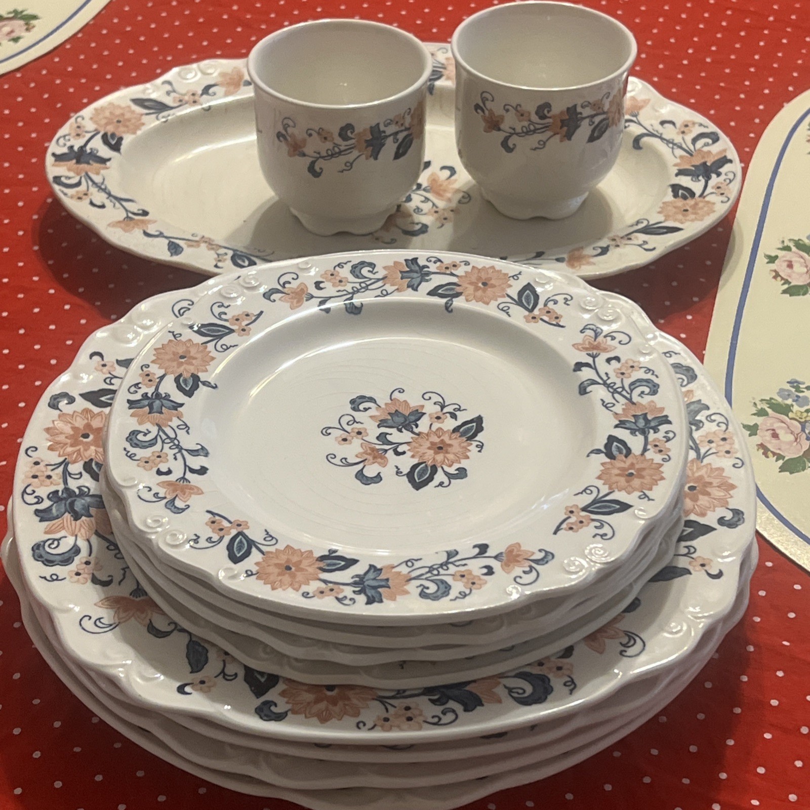 Vintage Nikko Japan Ironstone “Blue vineyard” Peach And Navy Floral Dinner 15 Pc