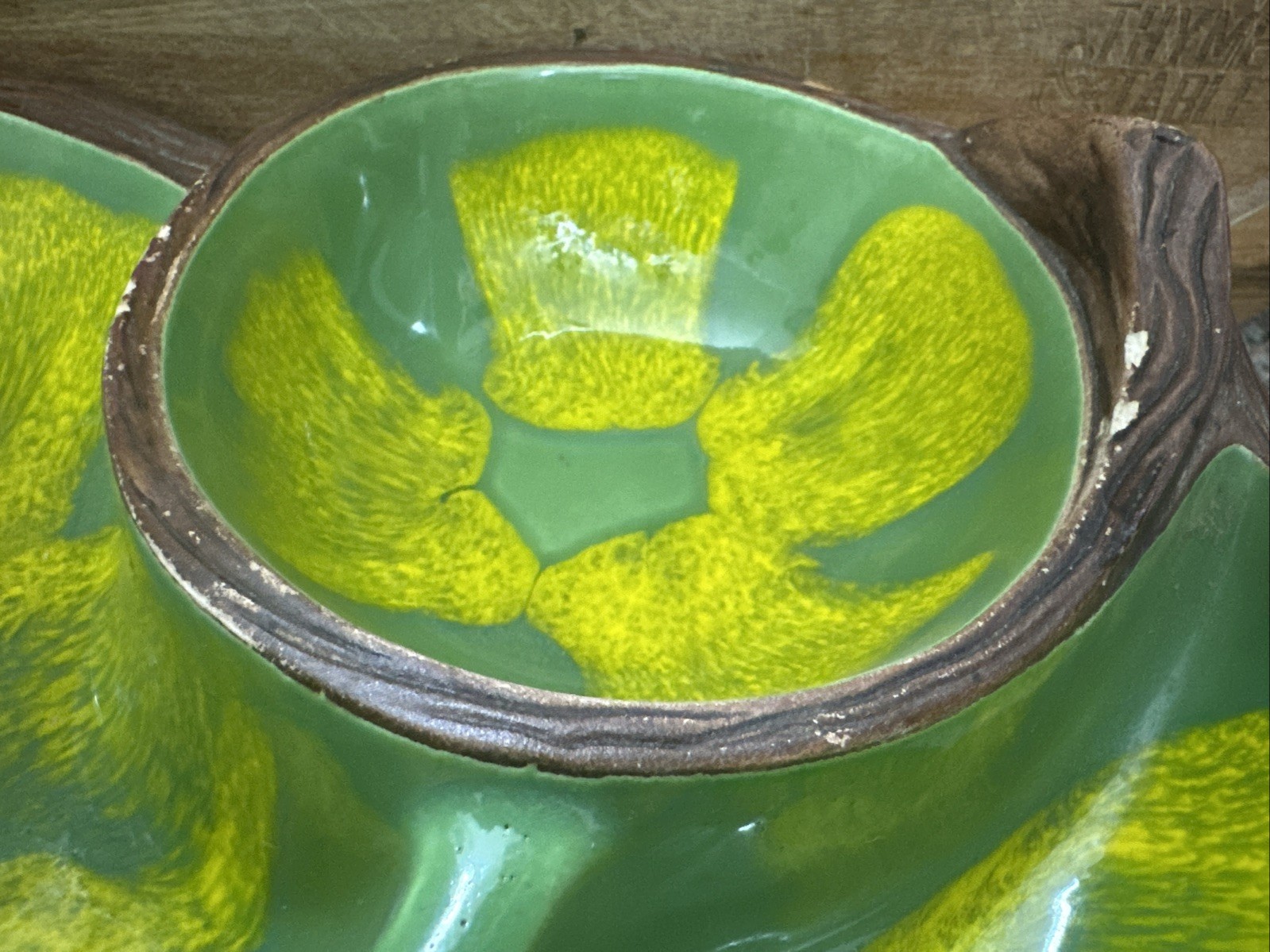 Vintage California Pottery #602 Sequoia Ware Yellow Green Drip Glaze Leaf Dish