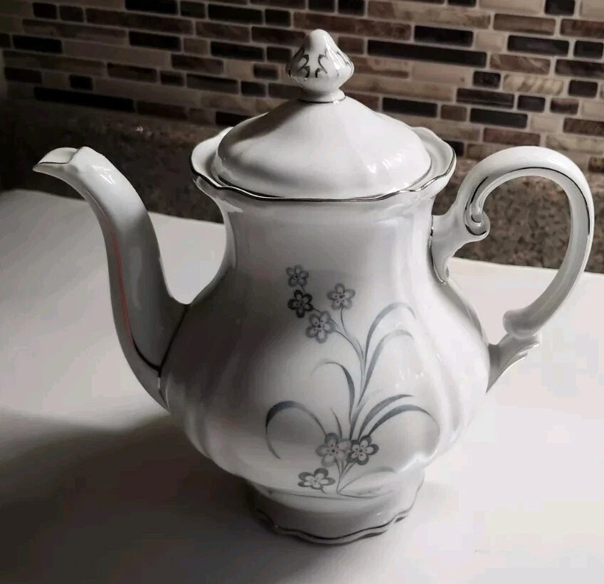Hutschenreuther German ArzbergBavaria Tea Coffee Pot Porcelain White Gray Floral