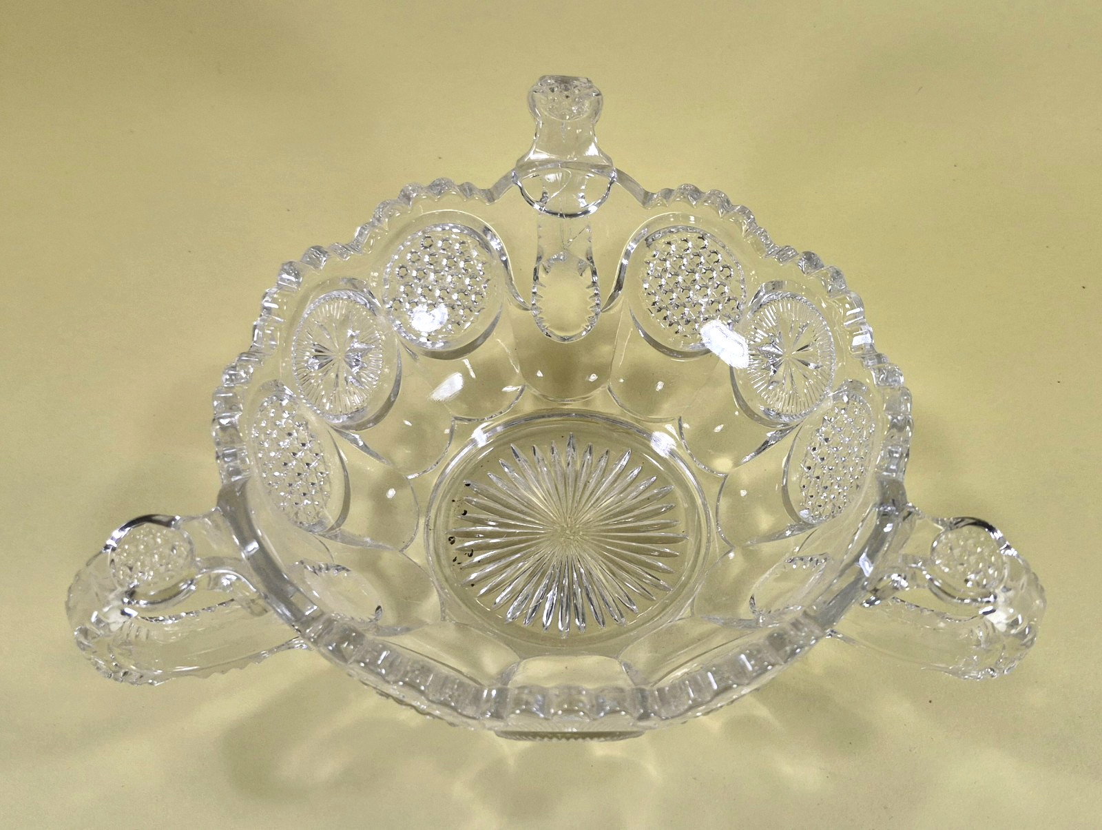 EAPG U.S. Glass No. 15093 Cane & Star Medallion 3 Handled Bowl 1905 AS IS