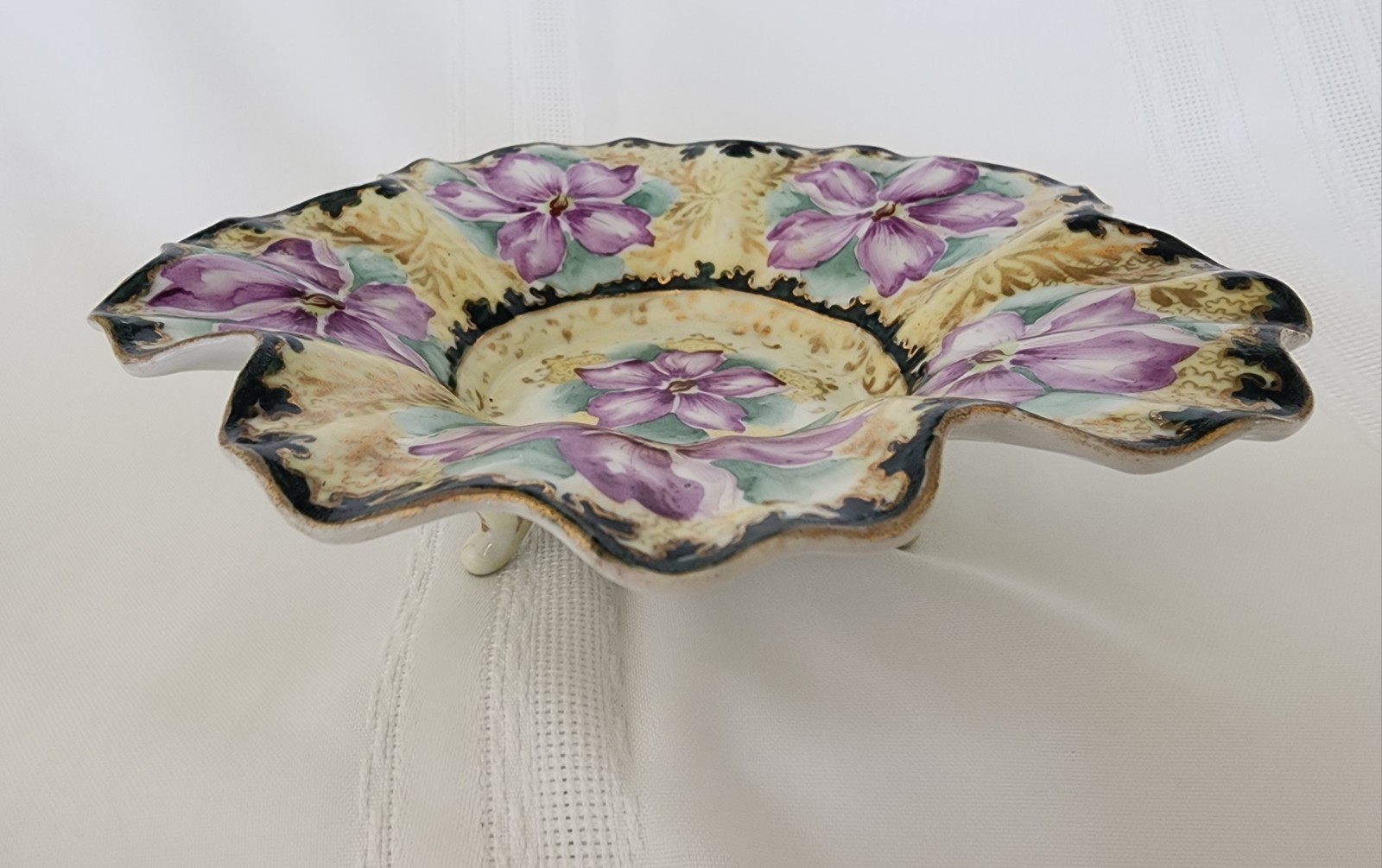 Antique Porcelain Hand Painted Purple & Gilded Floral Ftd Scalloped Bowl 8×2.25