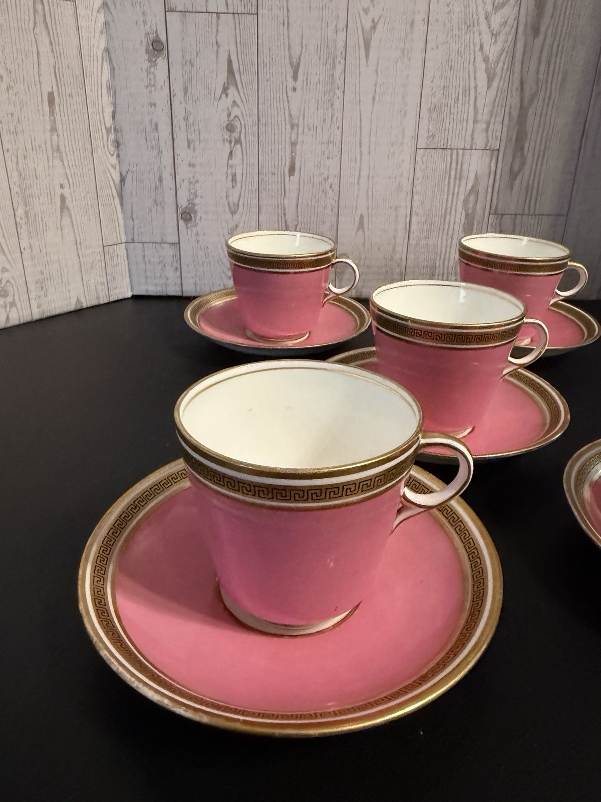 ANTIQUE CAULDON PINK SET OF 5 COFFEE TEA CUPS & SAUCERS GREEK KEY PORCELAIN RARE