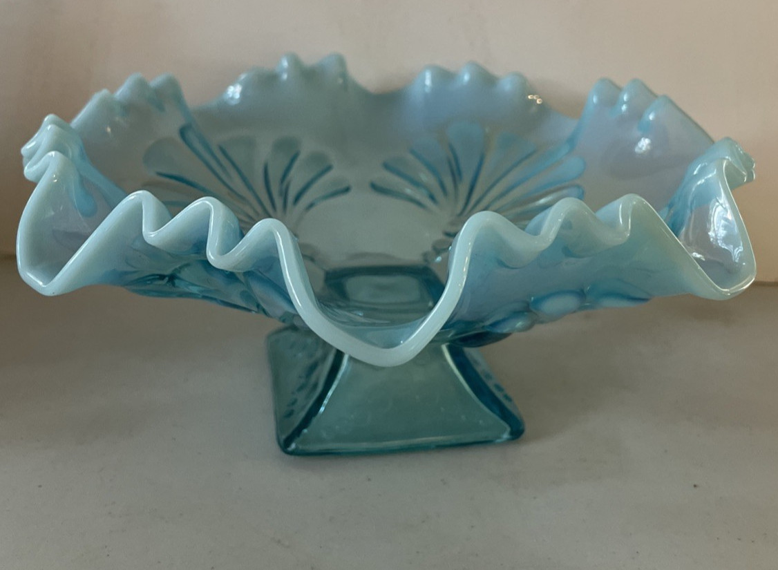 Antique JEFFERSON GLASS Shell & Dot Blue Opalescent Glass Footed Bowl c. 1905