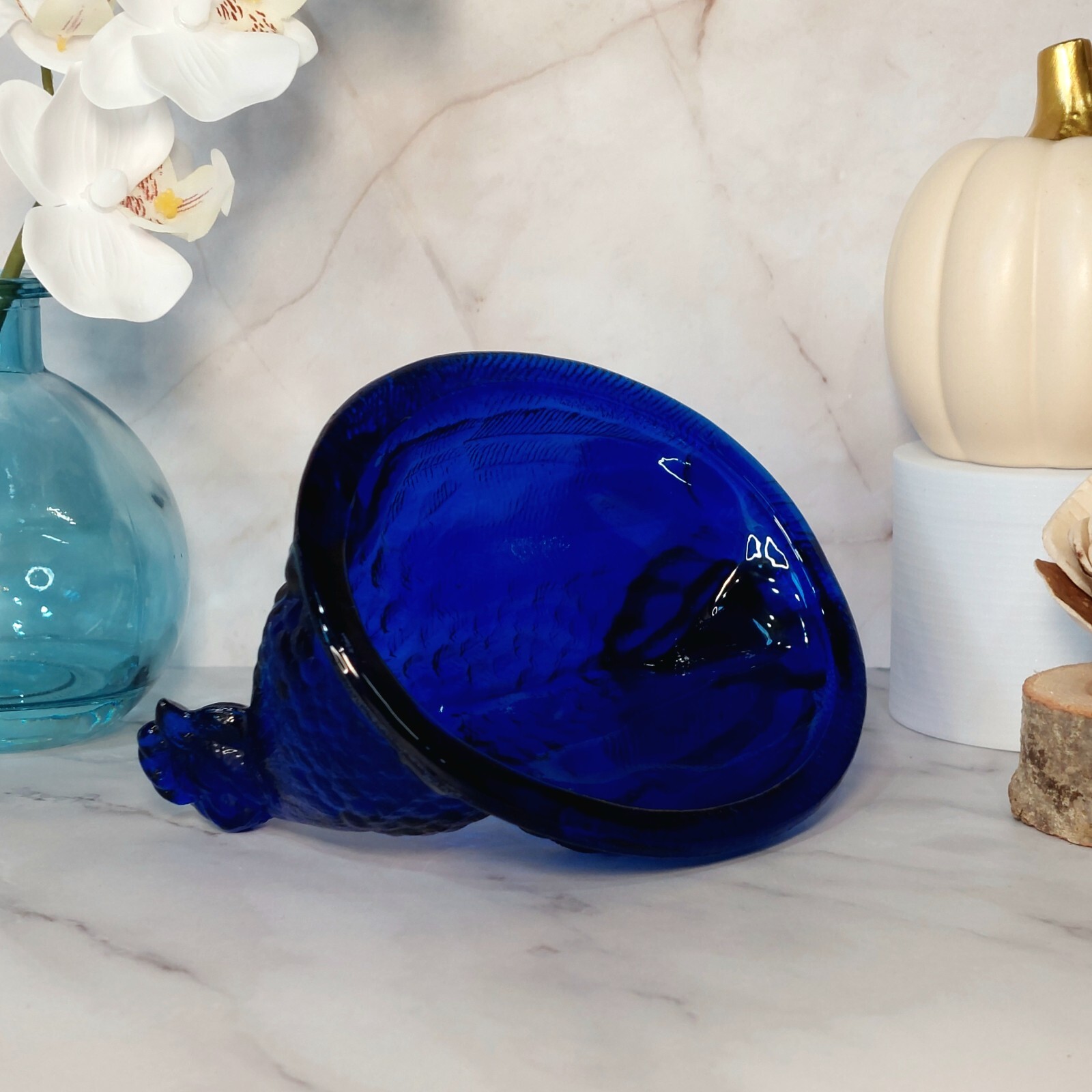 Hen on Nest Chicken Cobalt Blue Glass Depression Style Candy Dish, Vintage Style