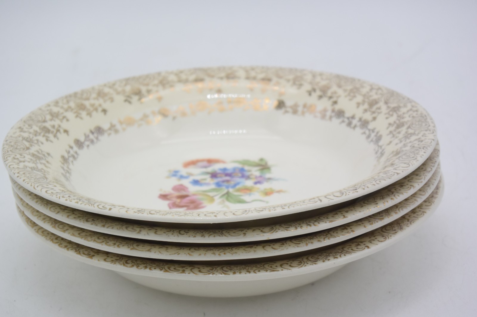 Set 4 Vintage 8″ Union Made 22K Gold Trim Floral Bowls Porcelain Salad Soup USA