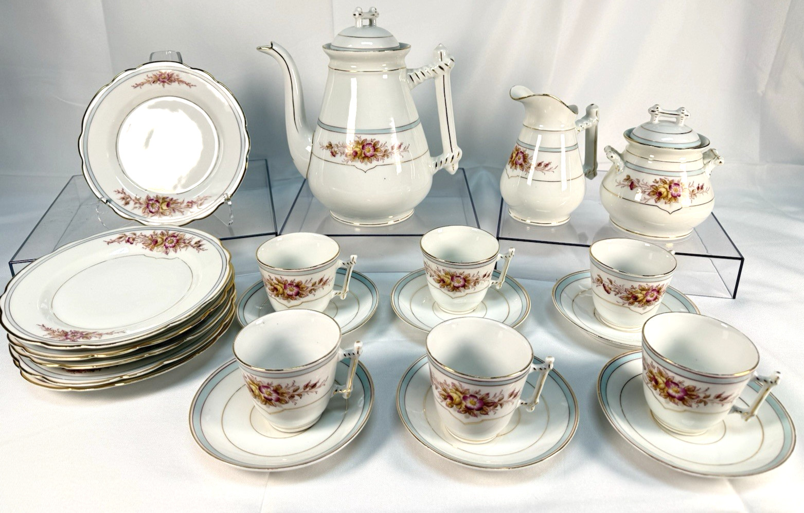 Antique KPM Waldenburg German Porcelain Coffee Tea Set 25pc Branch Handle Rose