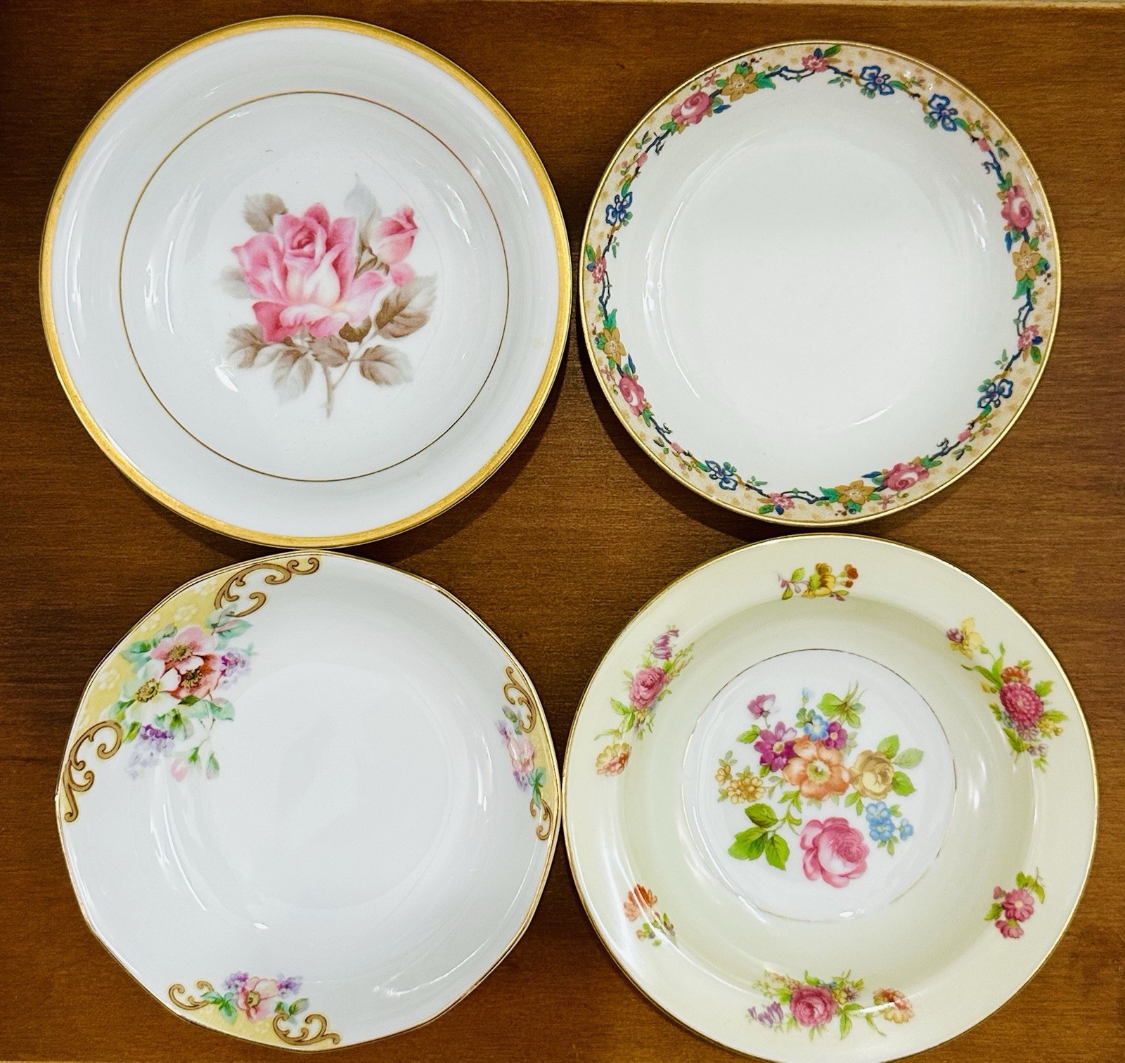 4 Vtg Mismatched China Dessert Bowls Bowl Set Mixed Rose Gold Pink Floral