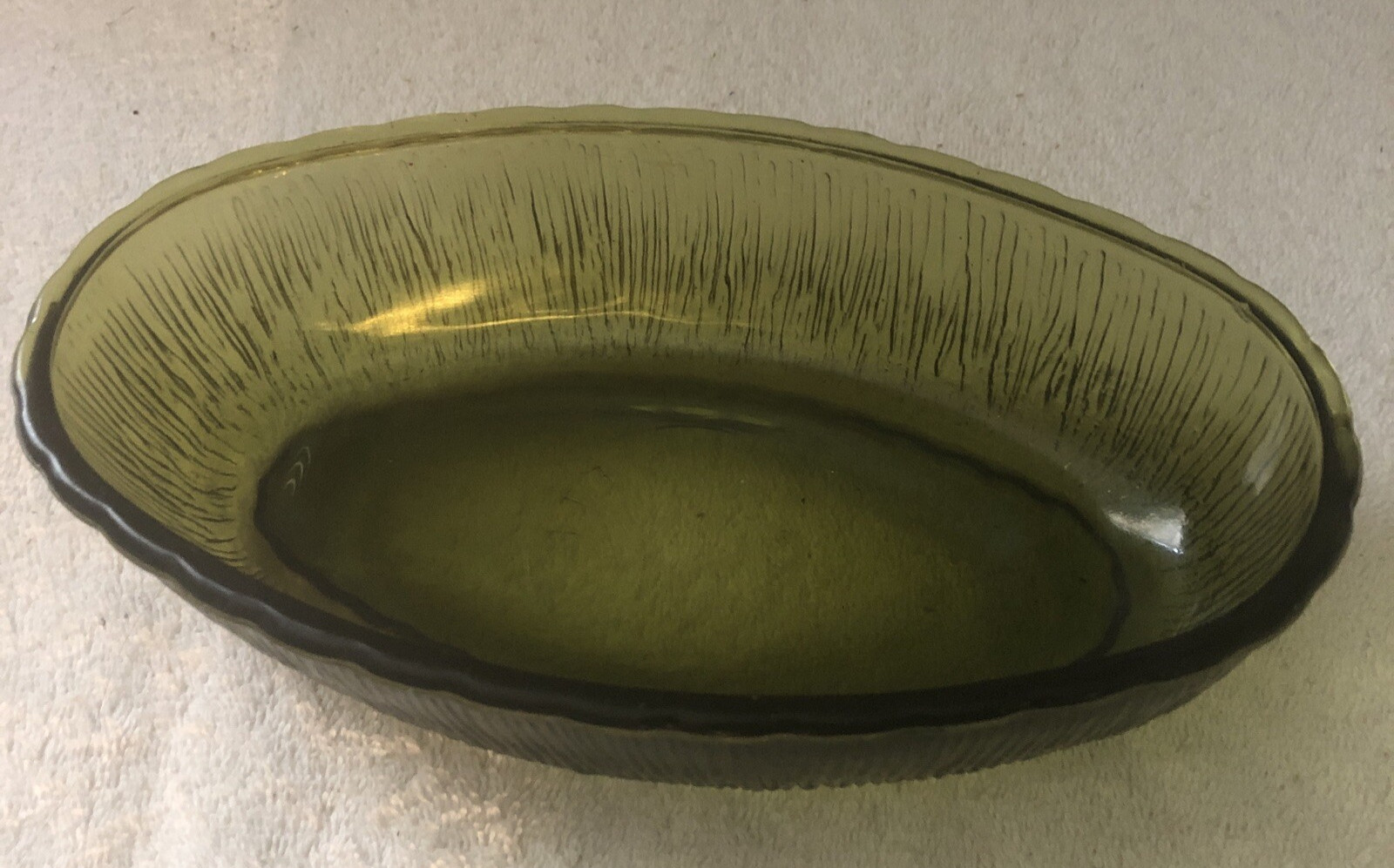Oval Serve Dish Planter Bark Pattern 9.25×5.25×2.2 FTD 1975 Avocado Green Glass