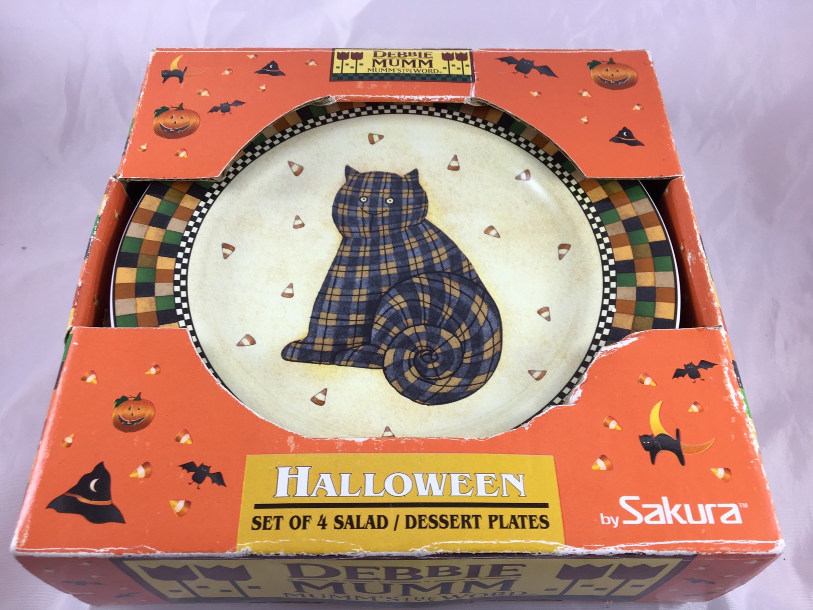 Sakura Debbie Mumm Halloween Party Cat JOL Owl Salad Dessert Plate Plates Set 4