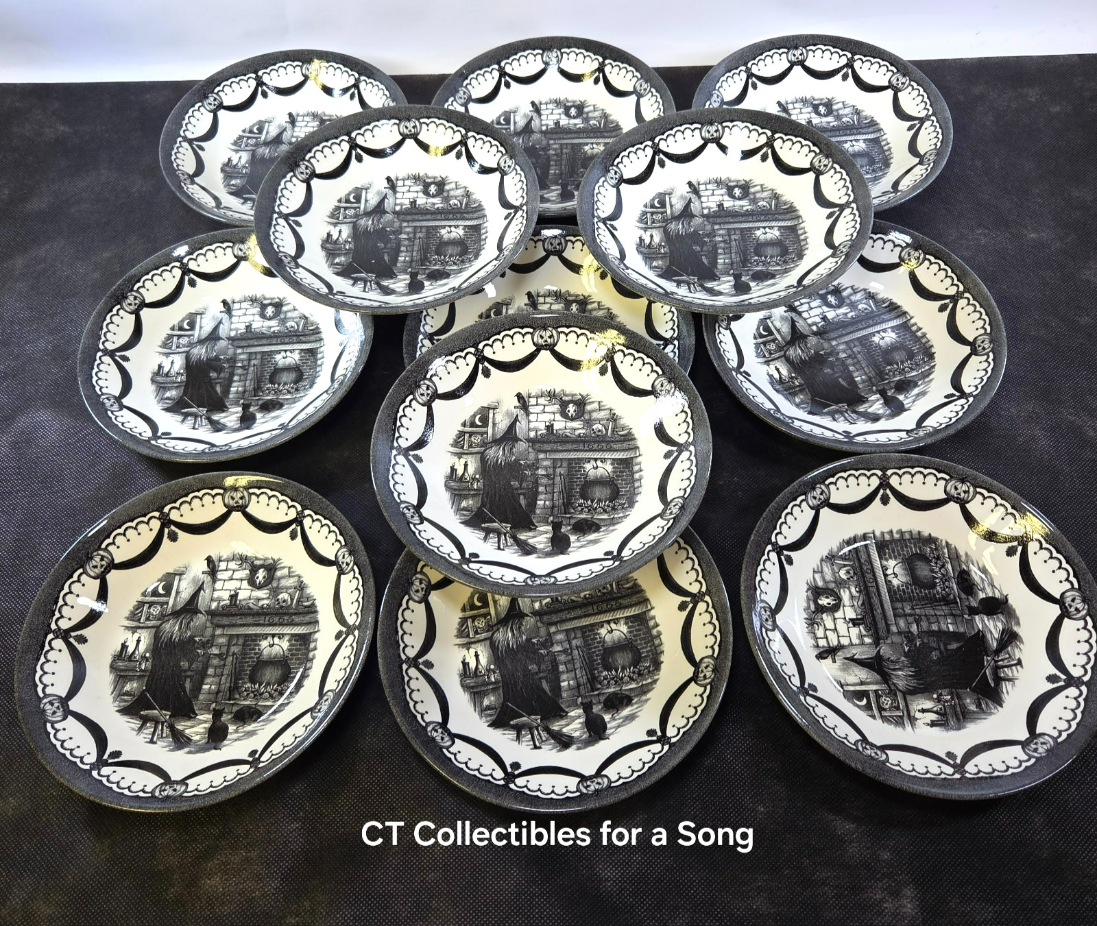 New Set 12 Royal Stafford Haunted Home Cereal Bowls 7 1/2″ Black & White in Box