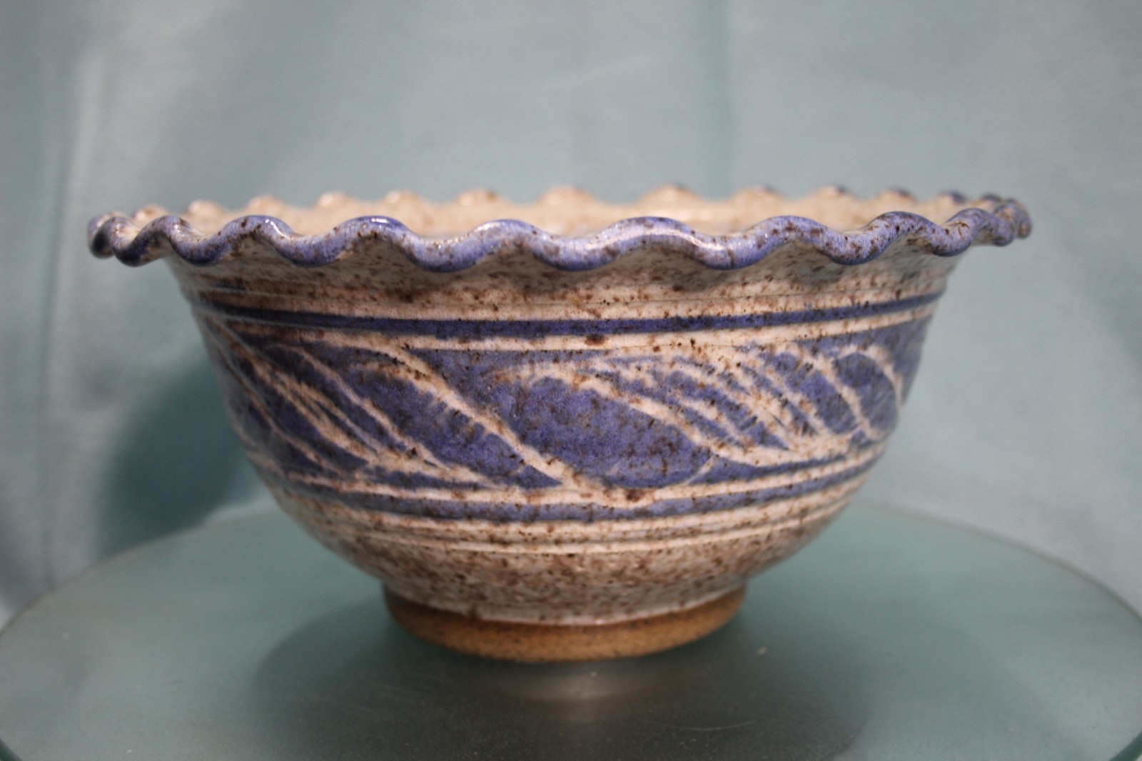Vintage Studio Art Pottery Salt Glaze Stoneware Bowl Signed Blue Cobalt 9in