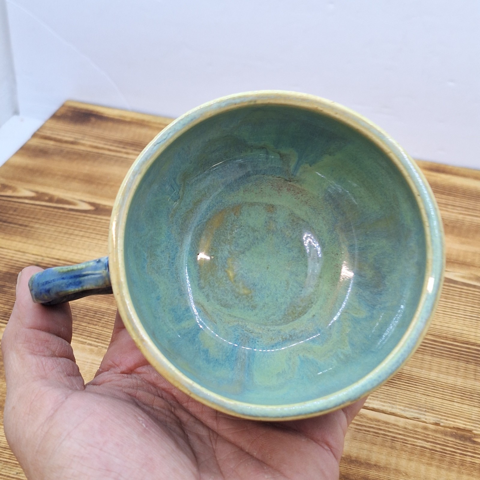 Vintage Hand Made Pottery Mug Signed Green Blue Neat Handle Signed