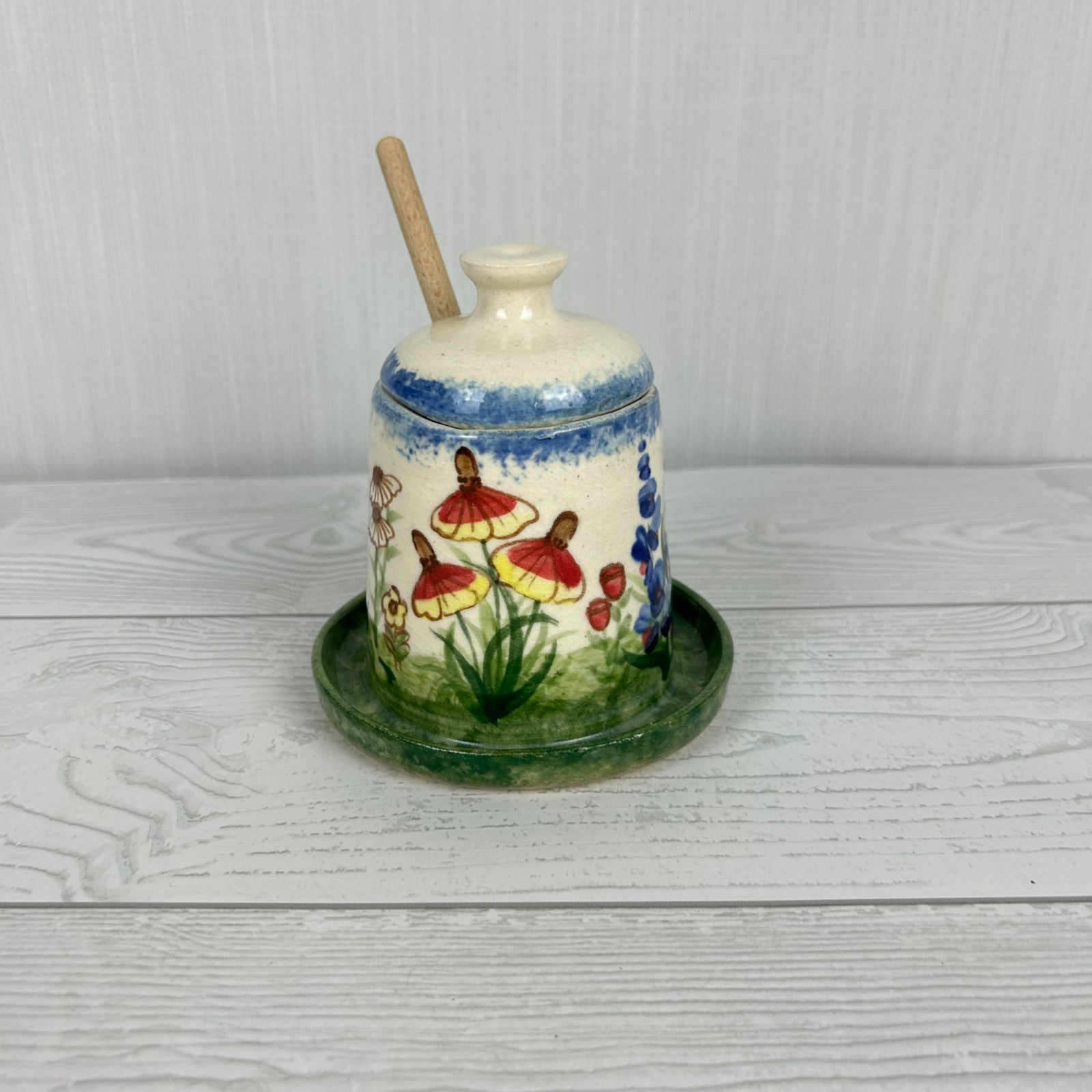 Handcrafted Ceramic Honey Pot Botanical Design Lid & Dipper Artist signed MDE