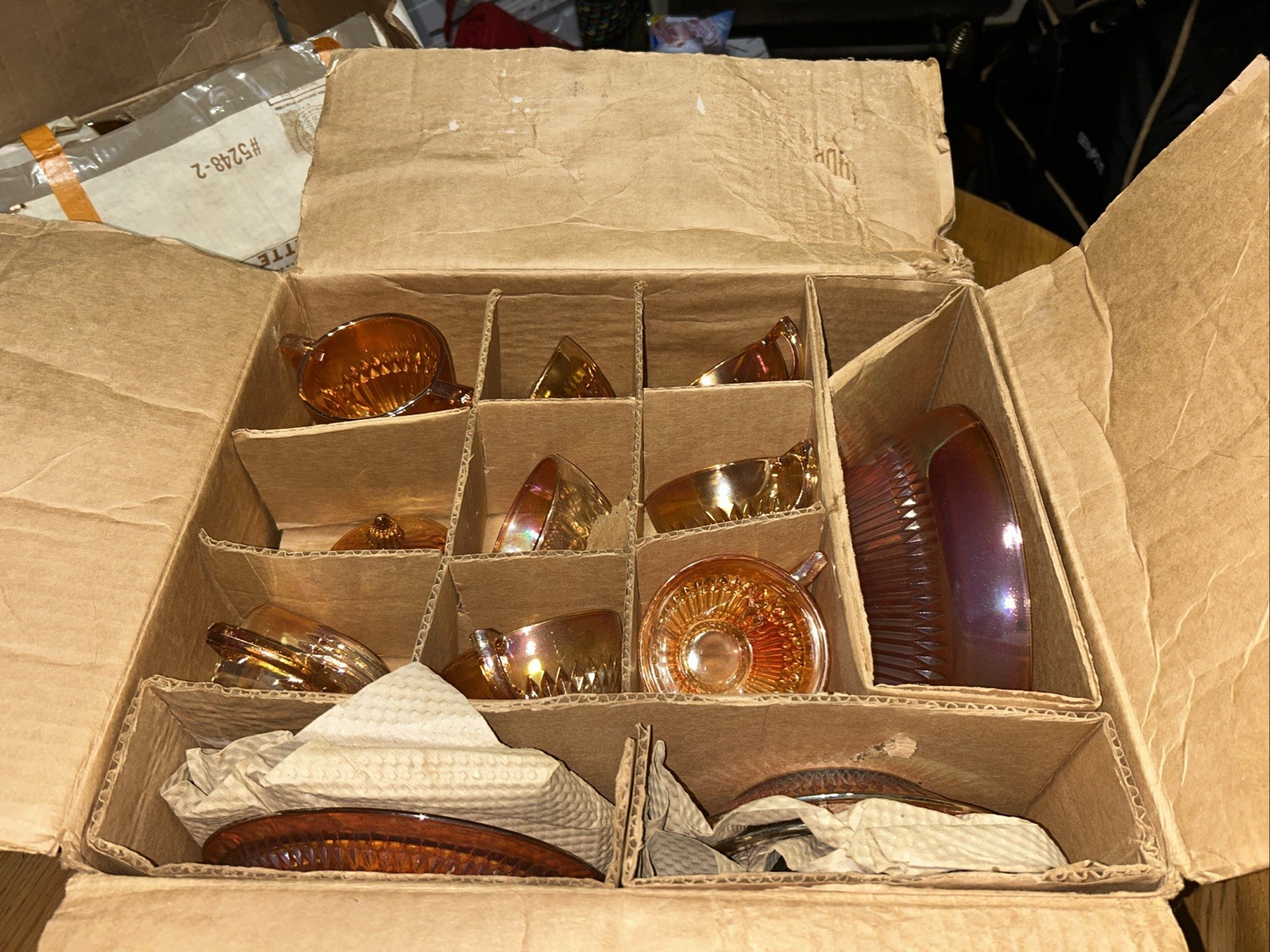 Vintage glass ware 35 Piece Set Jeannette Glass Co. Original Box gold orange