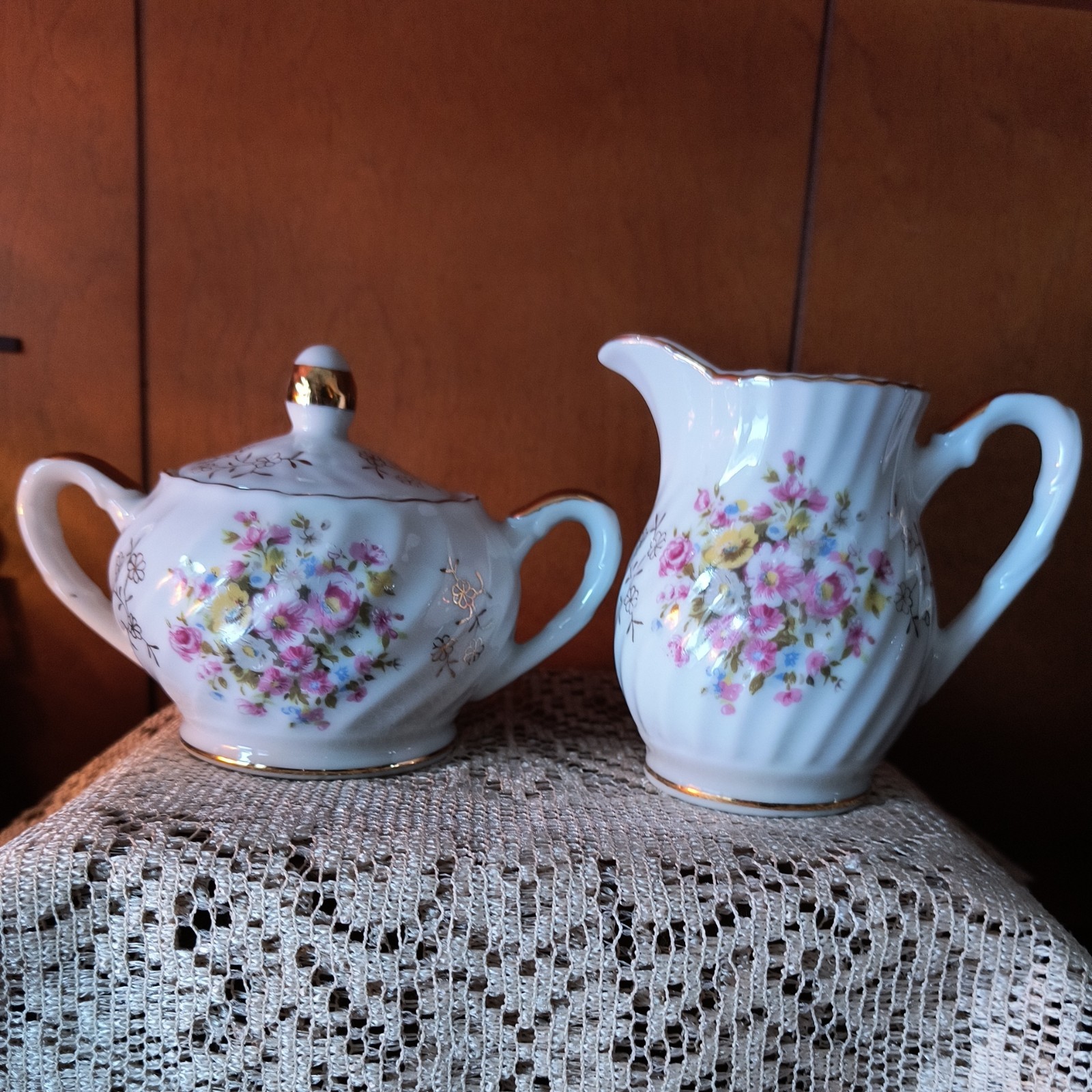 Vintage Pink Floral Porcelain Lidded Sugar Bowl and Creamer Swirled Cottagecore