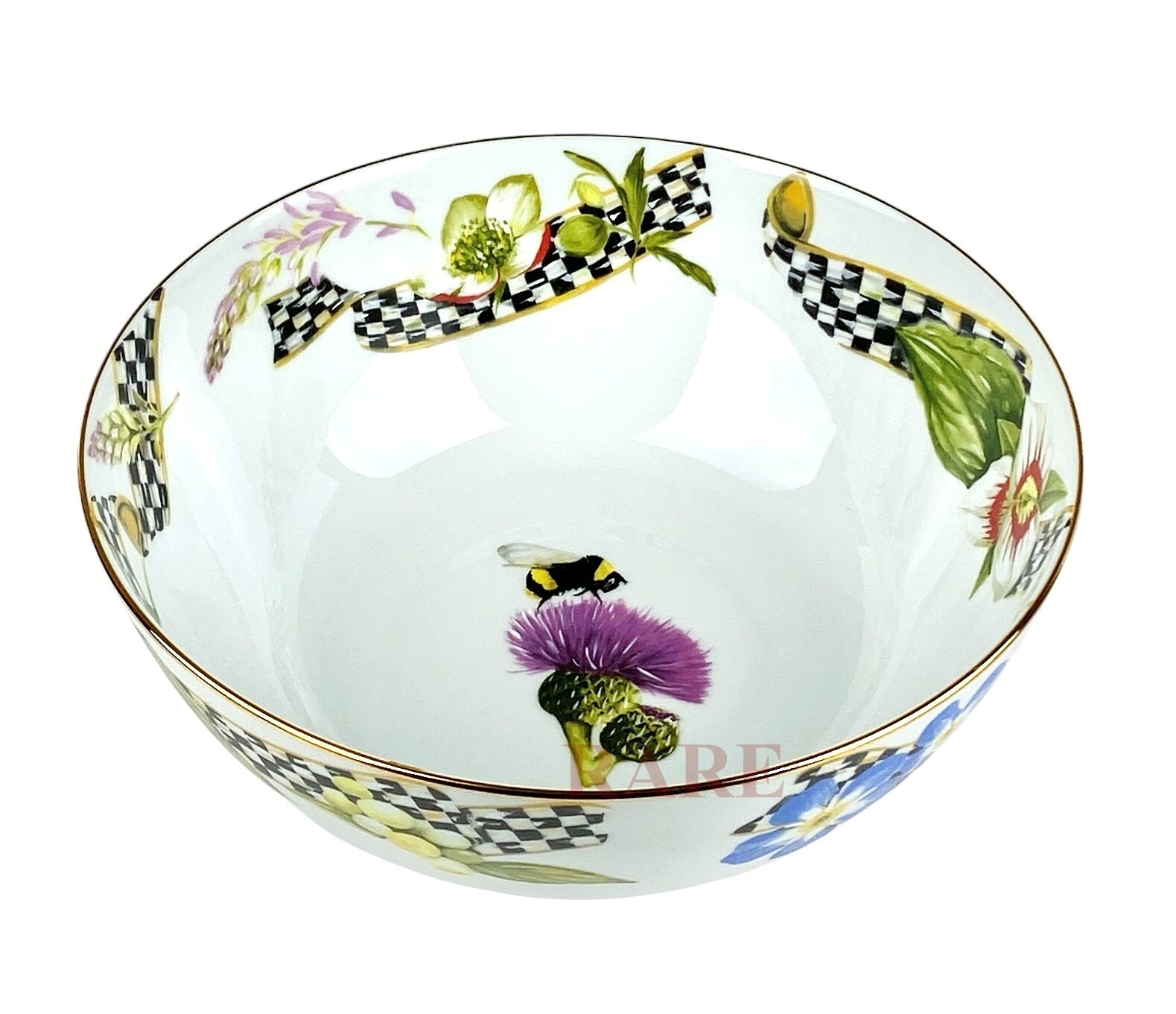 MacKenzie Childs Thistle & Bee Courtly Check 9″ x 4″ Serving Bowl New Portugal