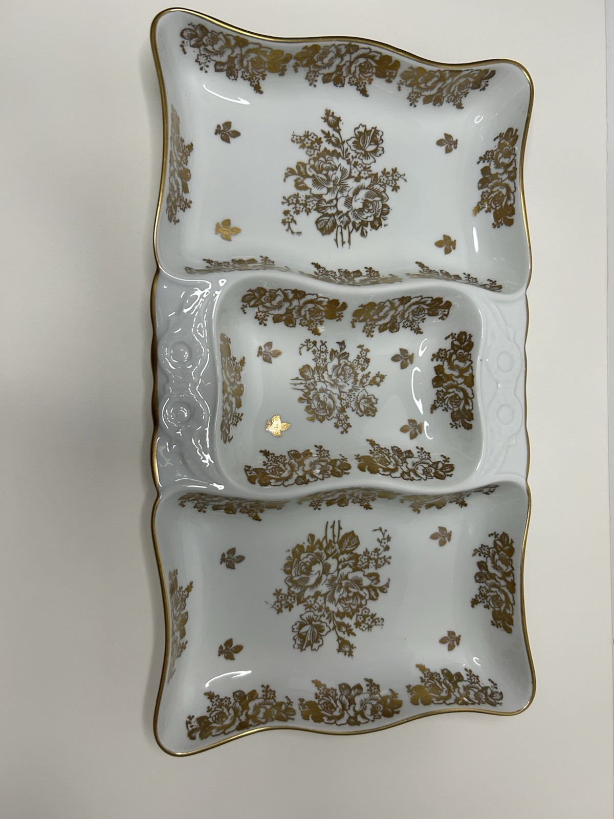 Vntg LIMOGES France Gold FLORAL Pattern 3 Parts Divided Rectangular Serving Dish