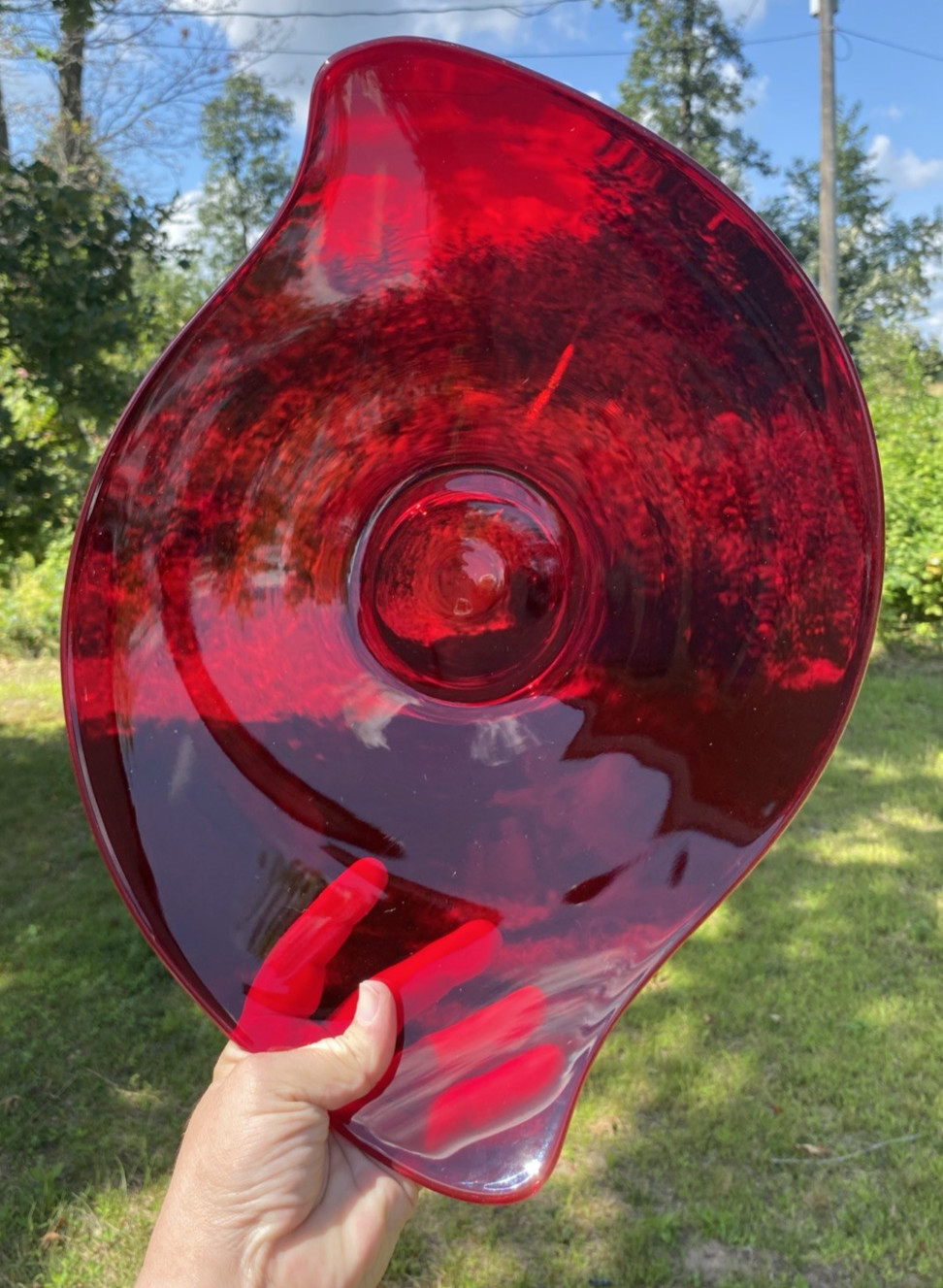 Vintage Epic Ruby Red Viking Glass Asymmetrical Console Platter 16” Stunning!