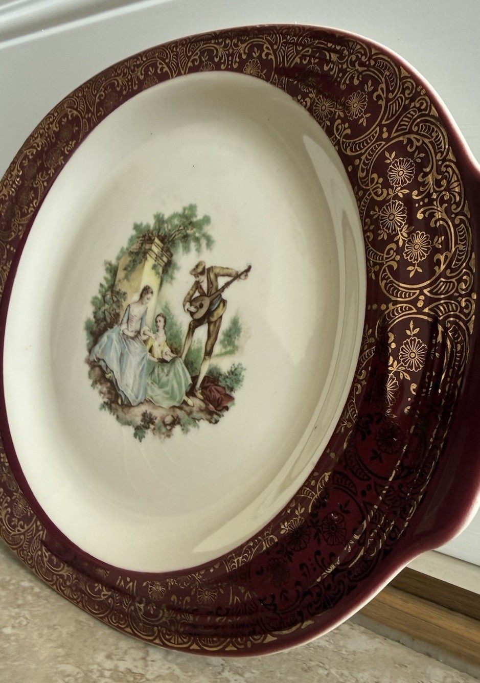 Vintage Sebring Pottery Serenade Burgundy T-S284 22K Gold Handled Platter USA
