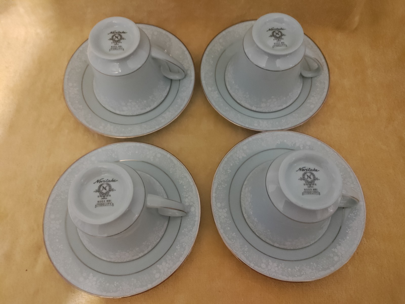 Noritake China Fidelity 4 Cup & 4 Saucers Baby Blue With Gold Trim 8003 W81