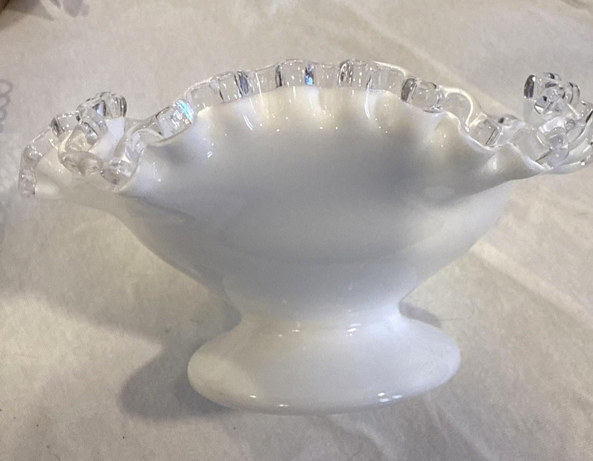 8″ White Glass With Clear Ruffled Edge Bowl