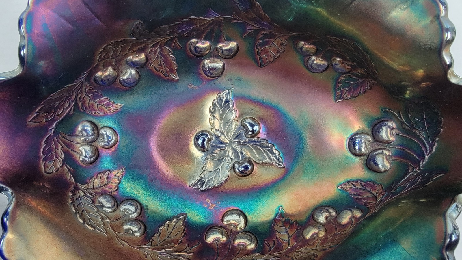 Carnival Glass Dugan WREATHED CHERRY Amethyst Oval Bowl Purple Ruffled Lot Of 3