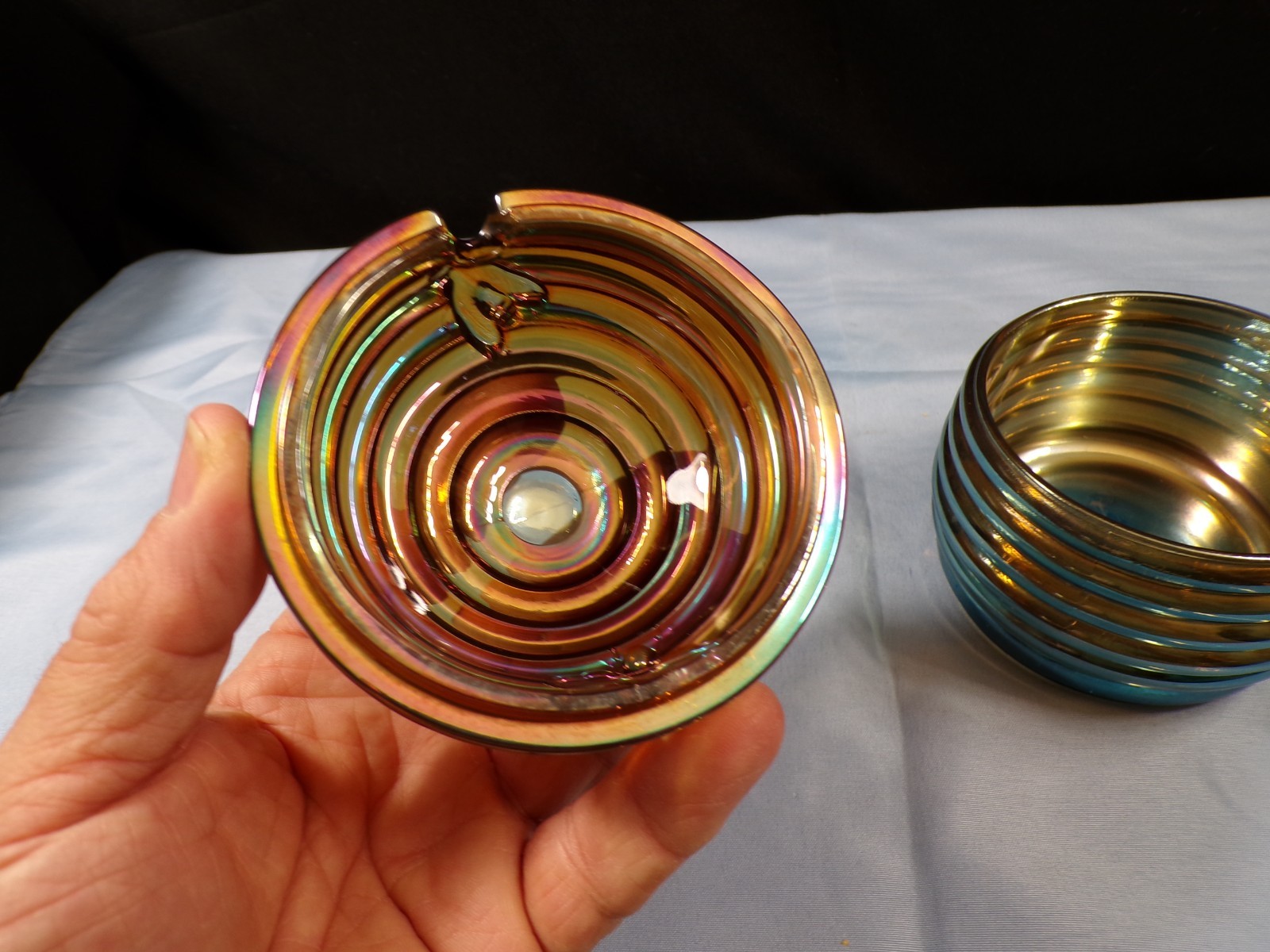 Jeannette Glass Bluish l Iridescent Beehive Covered Honey Pot INV2