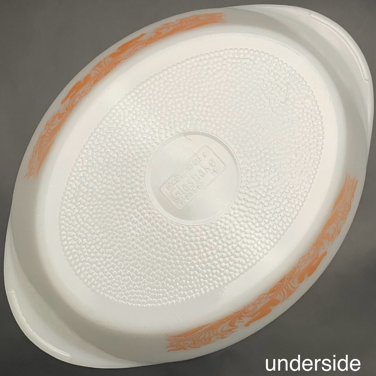 Glasbake Love Birds J-2352 Peach Oval Divided Casserole Dish Made in USA