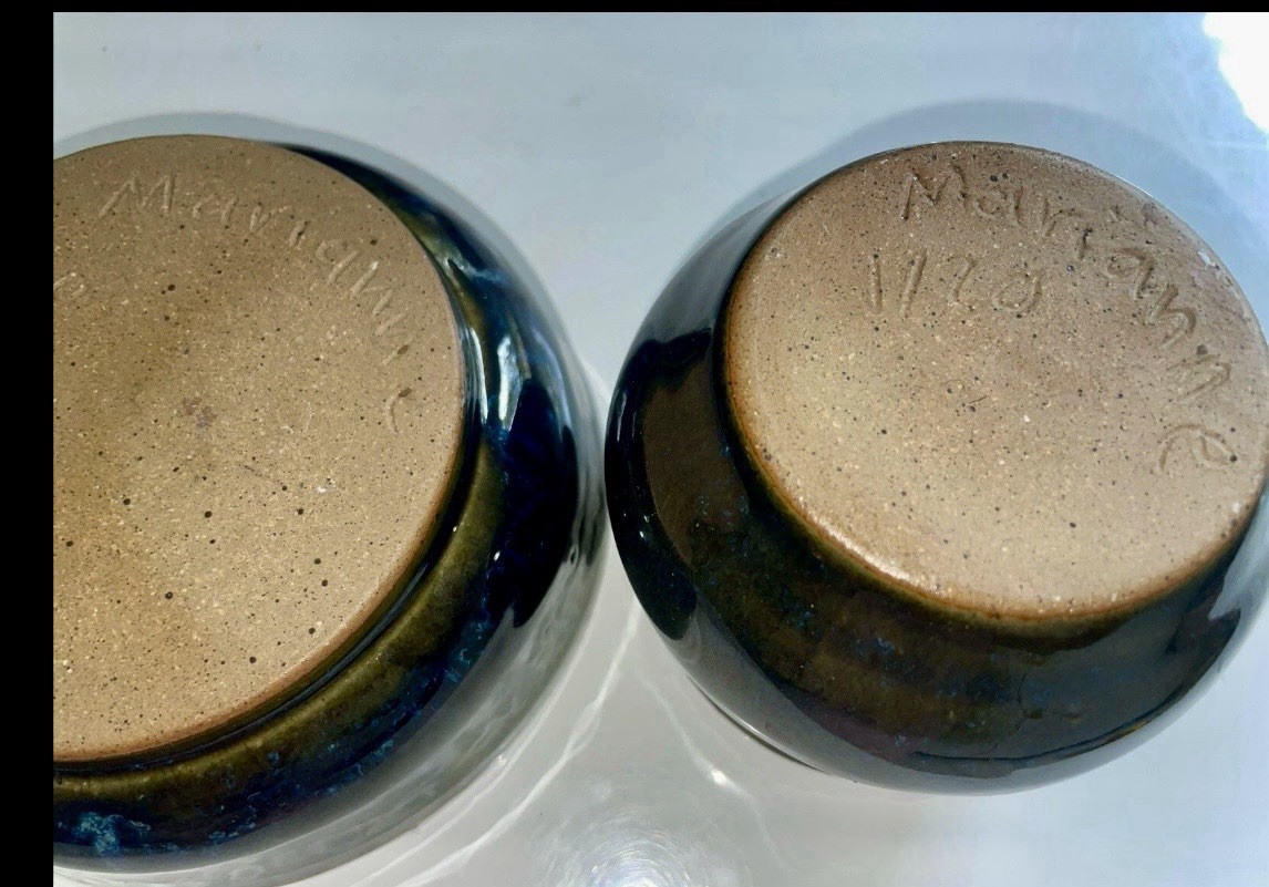 2 Pc Signed Studio Pottery Planter / Saucer Moody Blue Drip Ceramic Hand Thrown
