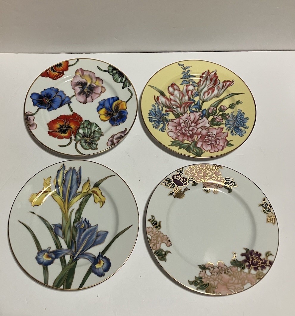 Fitz And Floyd Salad/ Bread Plates (4) Floral Porcelain Gold Trim 7.5 Inches