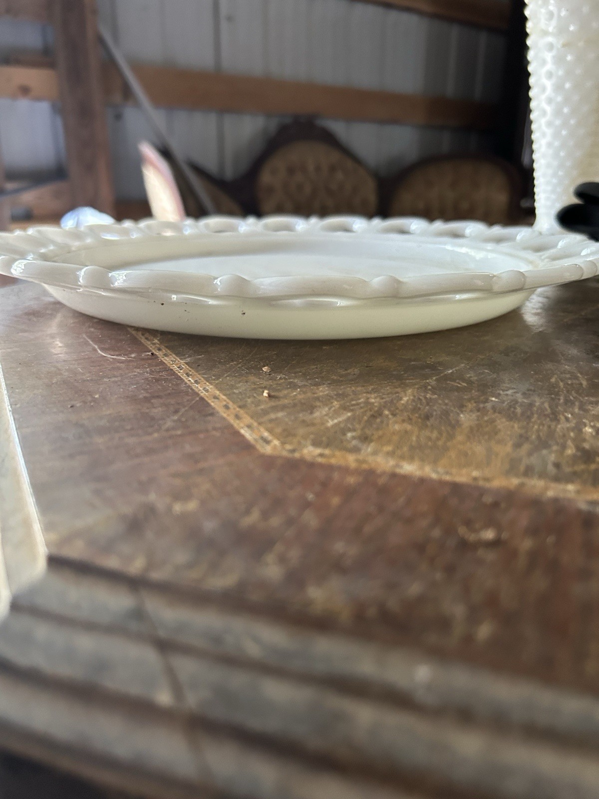 White Milk Glass Round Platter, Openwork Heart Lace Rim, Glossy Finish