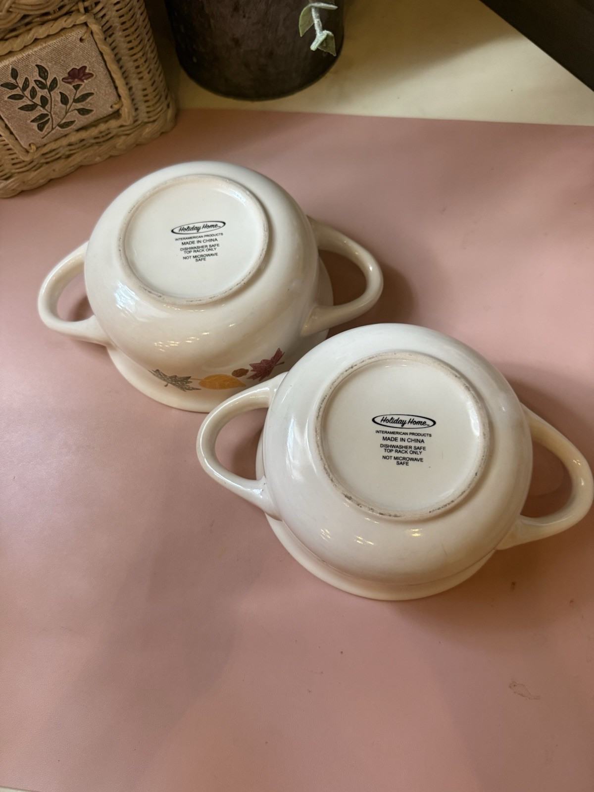 Holiday Home Ceramic Soup Bowls Set of 2 Side Handles Autumn Leaves