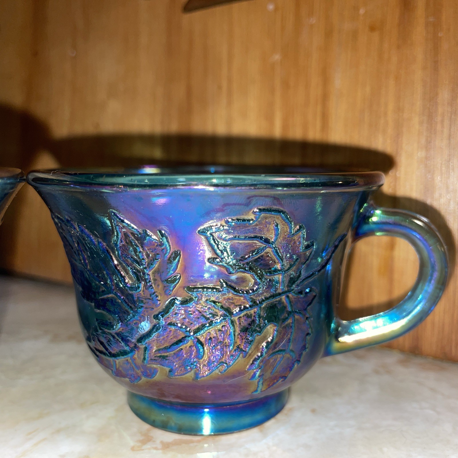 2 – Vintage Iridescent Blue Indiana Carnival Glass Grape Harvest Punch Cups