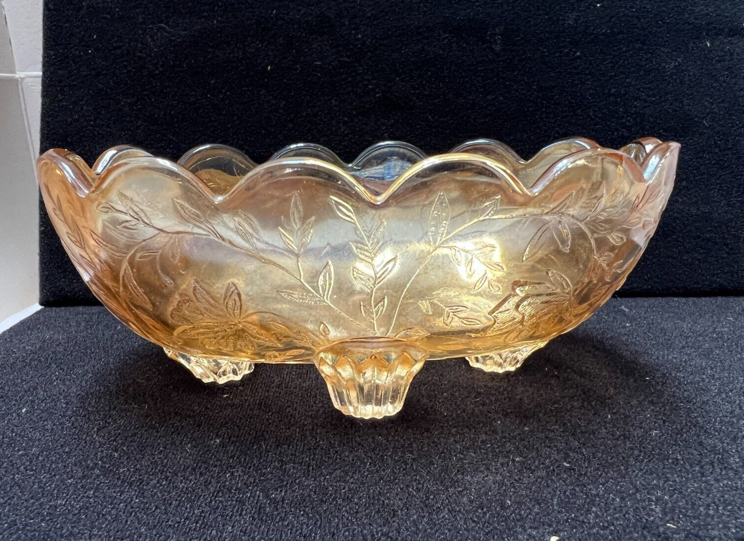 Vtg Jeanette Flora Amber Iridescent Carnival Glass Small Candy Dish bowl 4 feet