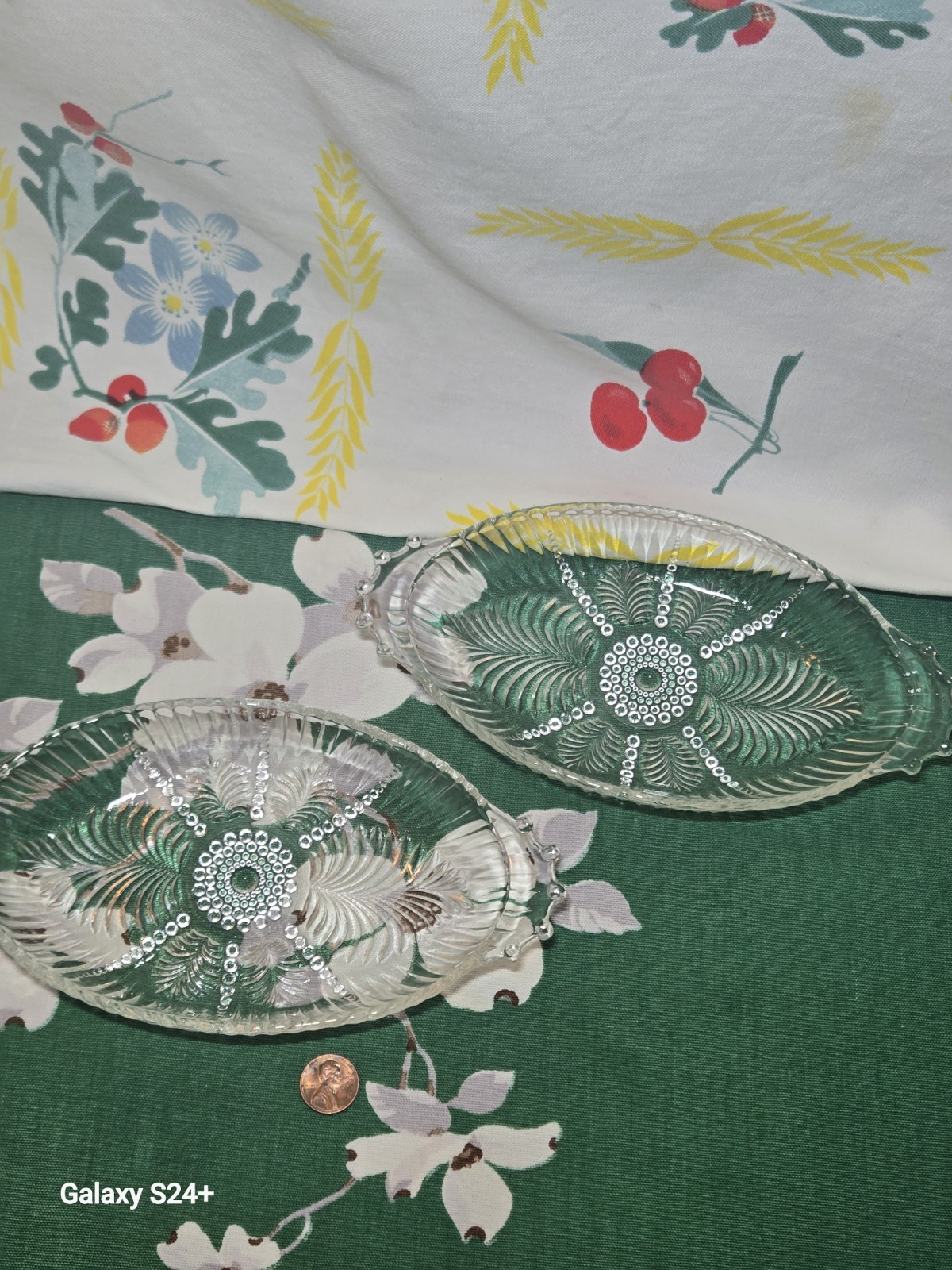 Pair of Depression era Feather Pattern Oval Pressed Glass Mint Tray