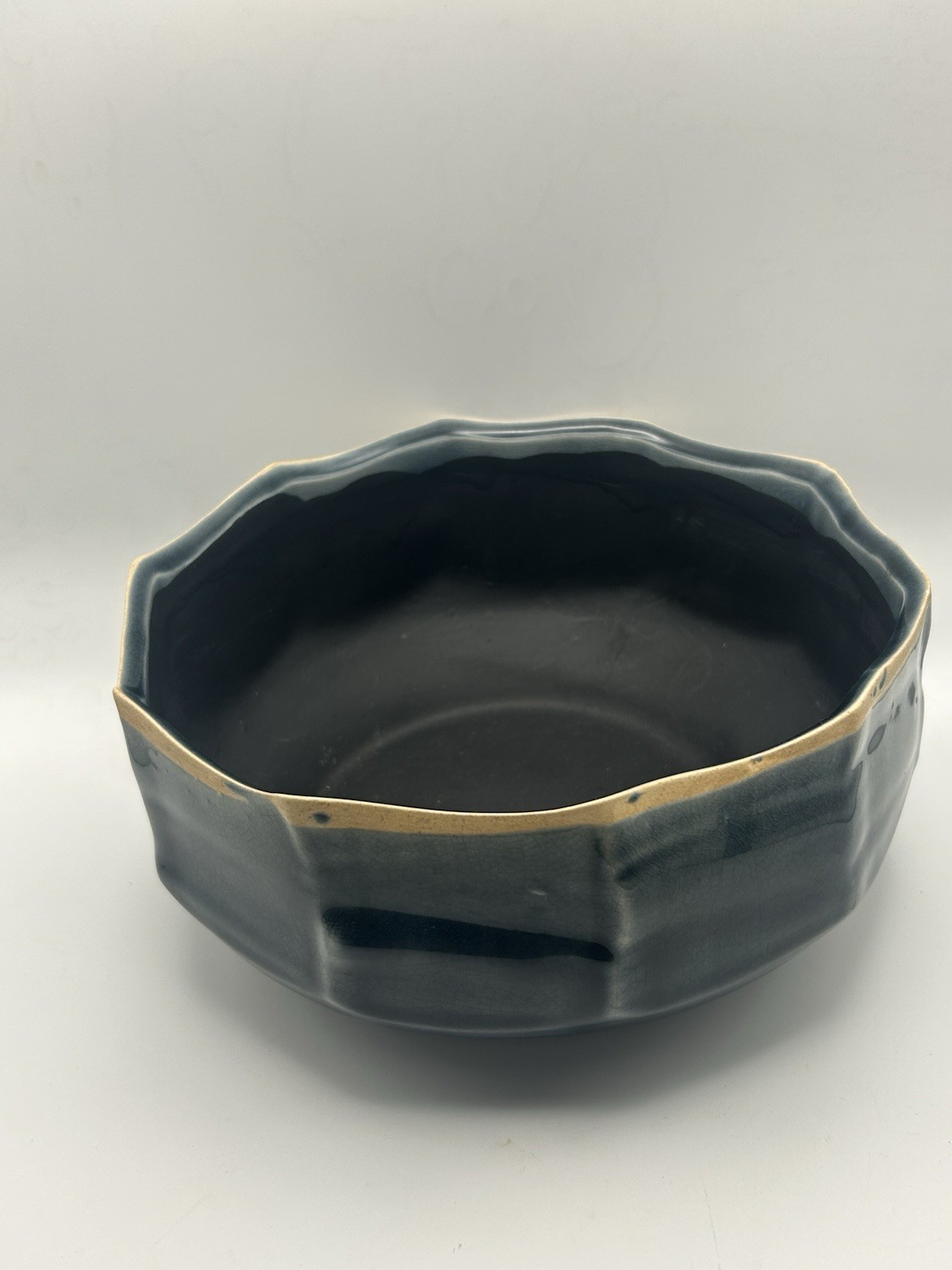 Studio Pottery Hand Crafted Tan & Blue Drip Glaze Stoneware Ceramic Bowl USA