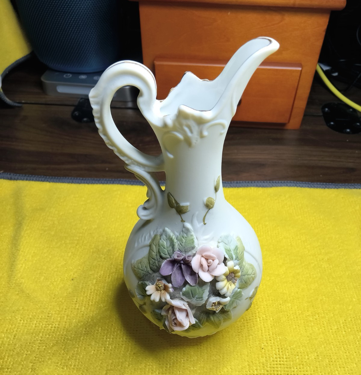Lefton Porcelain Floral Pitcher White Pink Green Glossy Handle KW 4540