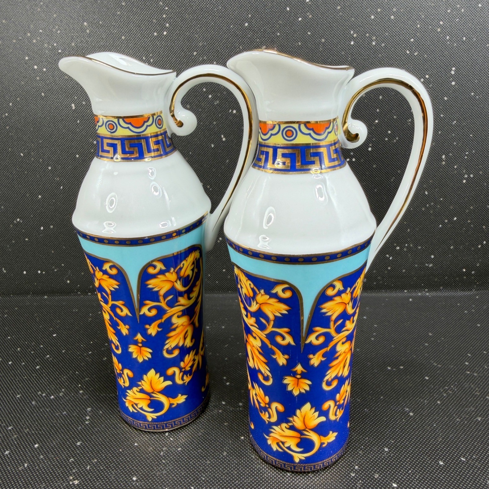 Limoges Casa Elite Bacchus God of Wine Cruet Set 2 Porcelain Jars Blue Gold