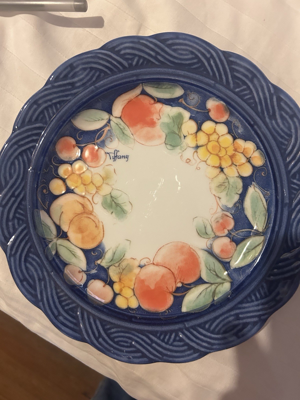 Tiffani Ceramic Fruit Pattern Decorative Plate Blue Rim Made in Italy 10 plates