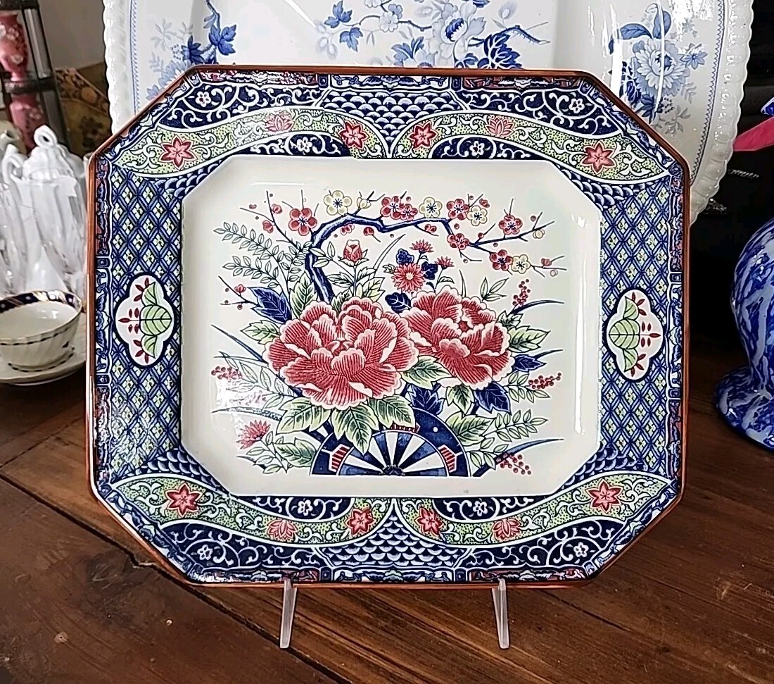 Blue Transferware Polychrome 13.5″ × 11.3/4″ Platter Florals