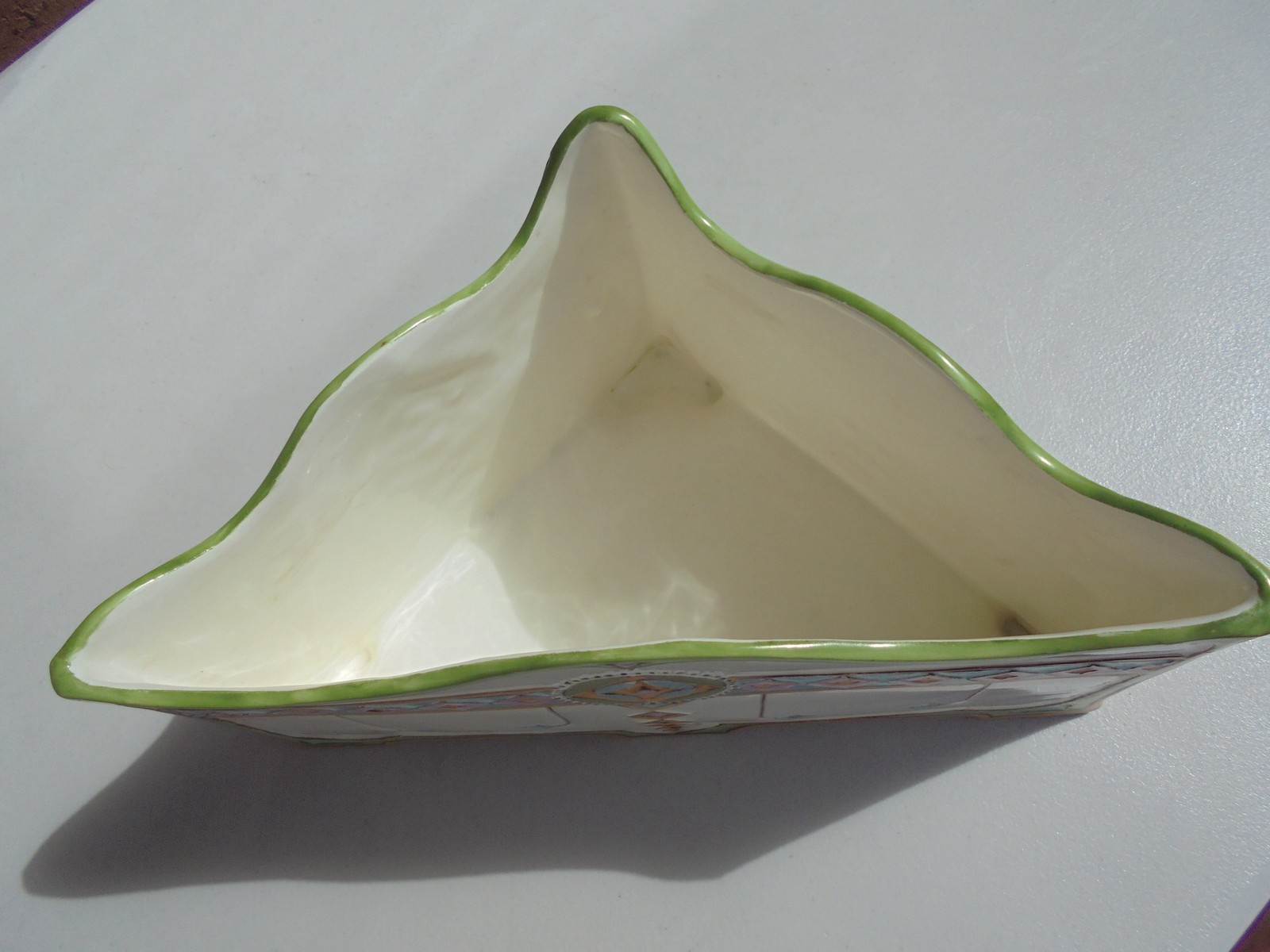 Unusual Antique Secessionist Style Majolica Triangular Ftd Bowl 10 1/2″